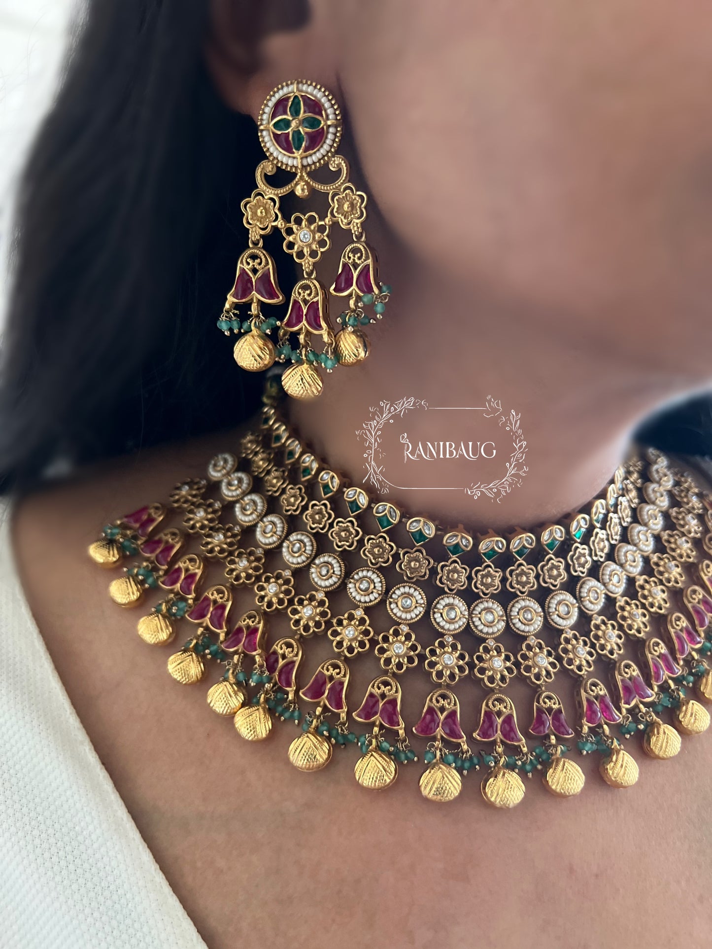 Meenakshi Gold Finish Heritage Heavy Choker Jewellery Set With Maangtika By Ranibaug