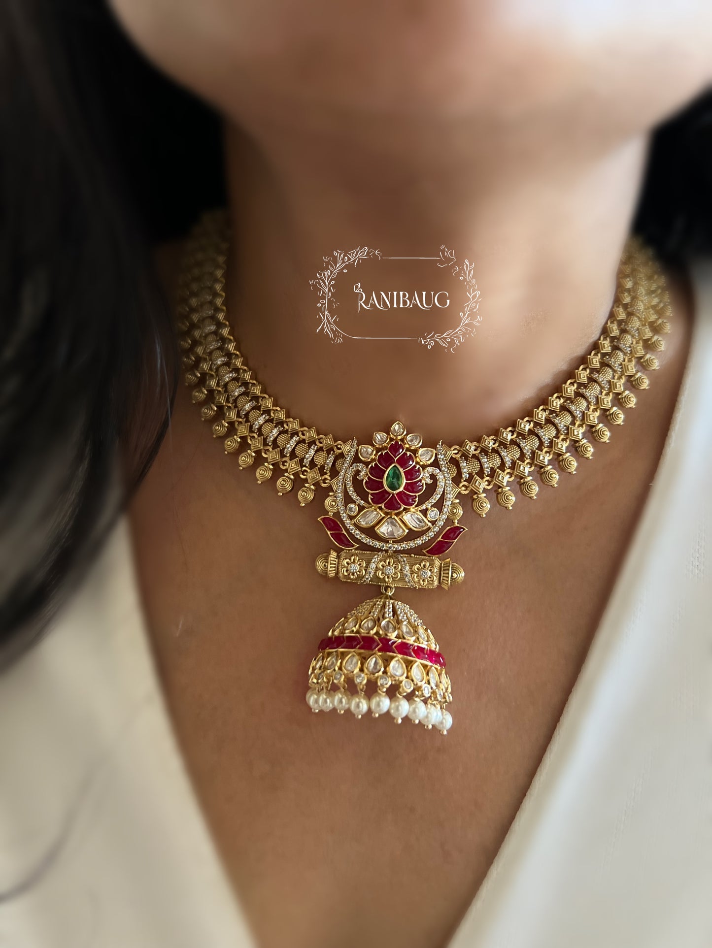 Mehrasa Ruby Rich Gold Finish Polki Pearl Adorned Jharokha Heritage Choker Set By Ranibaug