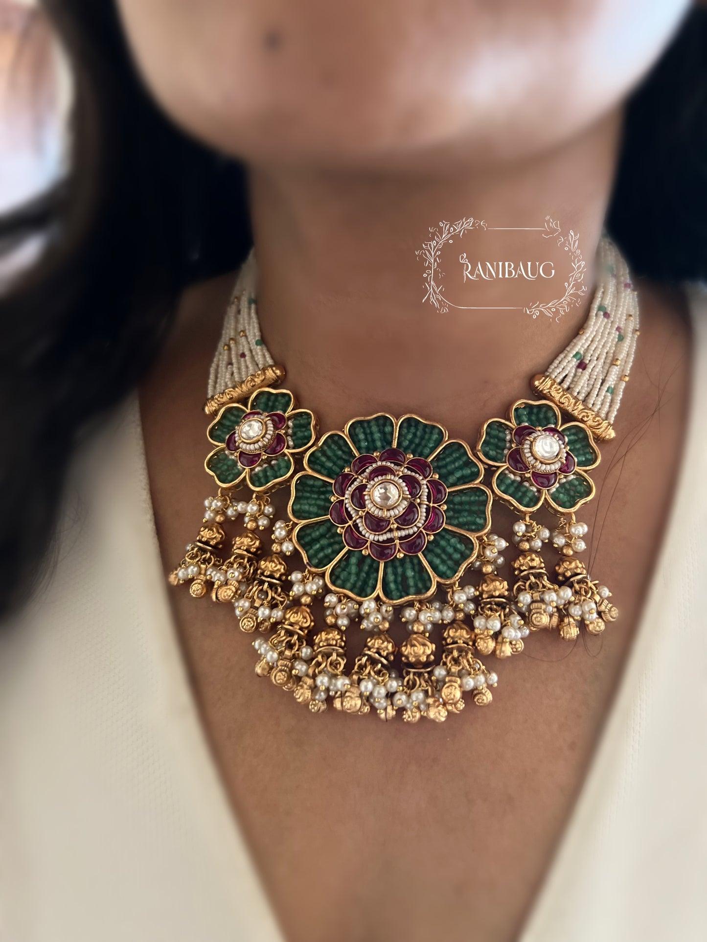 Mihika Emerald Gul Floral Motif Gold And White Tassel Fringe Heritage Necklace Jewellery Set By Ranibaug