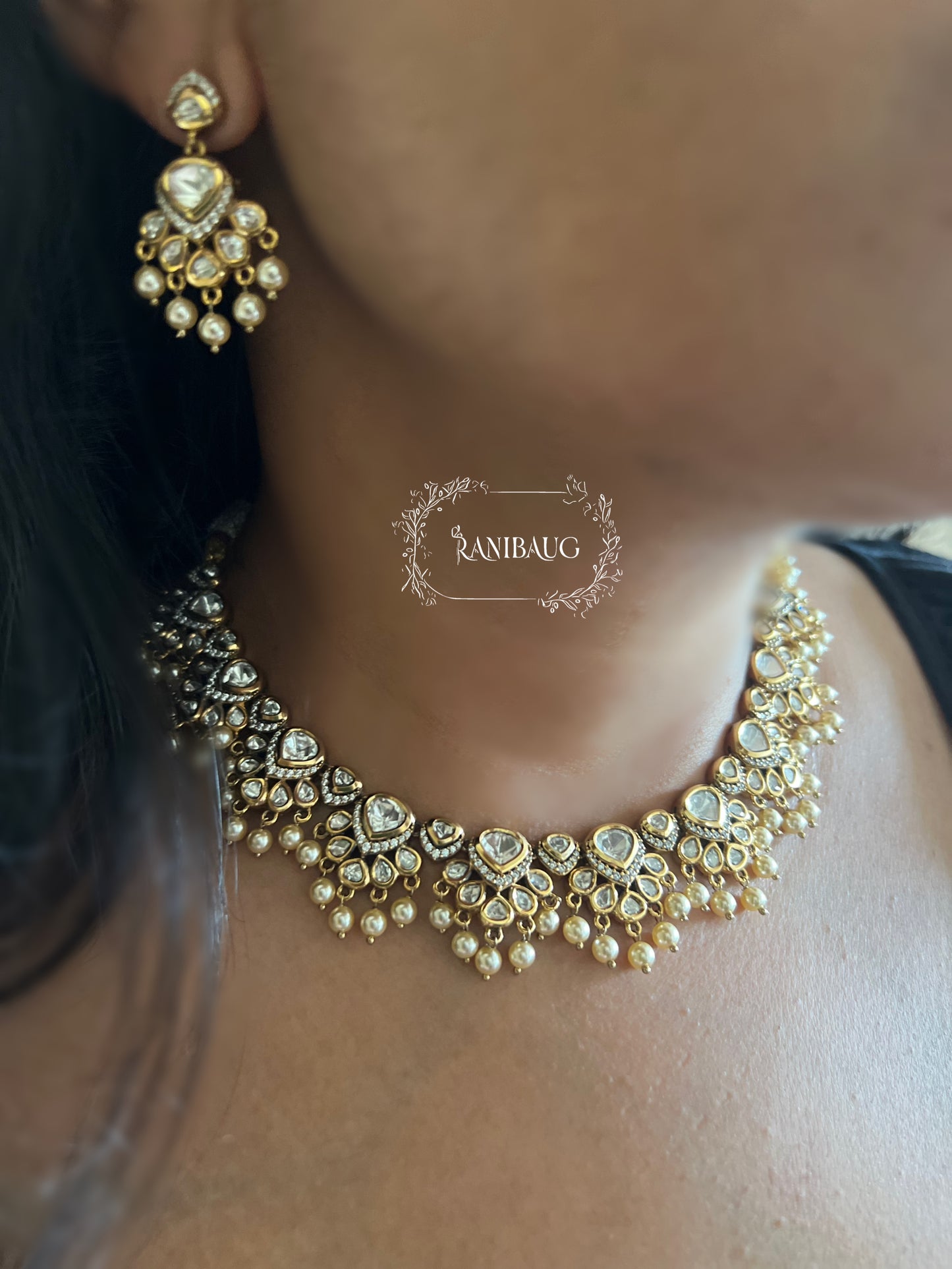 Mihika Polki Kundan Studded Off White Pearl Fringe Necklace Set By Ranibaug