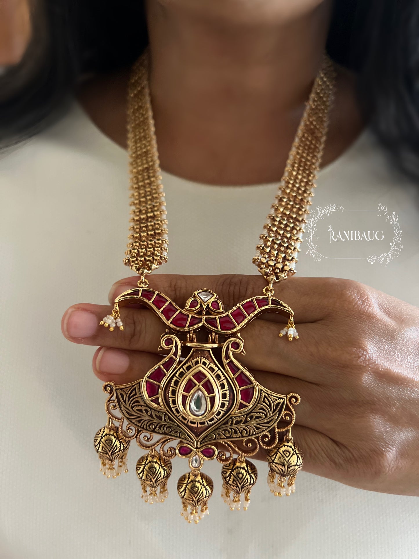 Mihira Royal Antique Gold Ruby Red Designer Heritage Long Necklace Set By Ranibaug