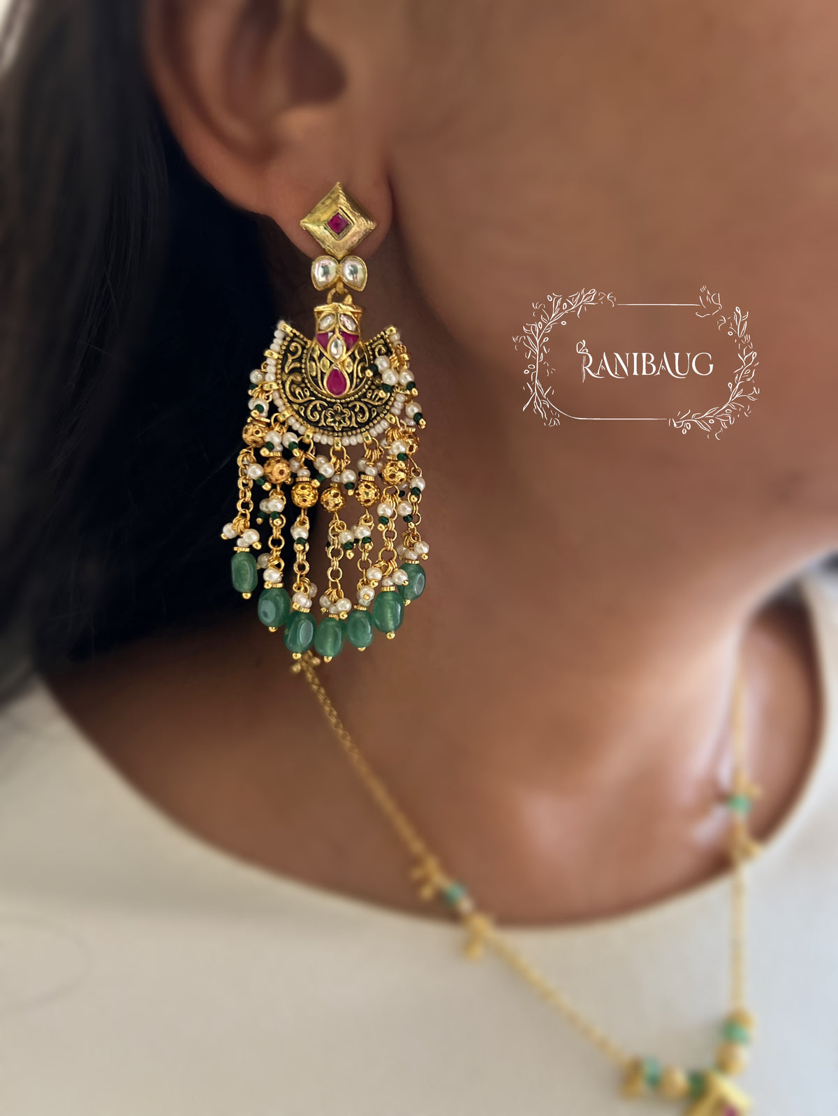 Miloni Gold Finish Green Beads Adorned Tassel Classic Heitage Necklace Set By Ranibaug