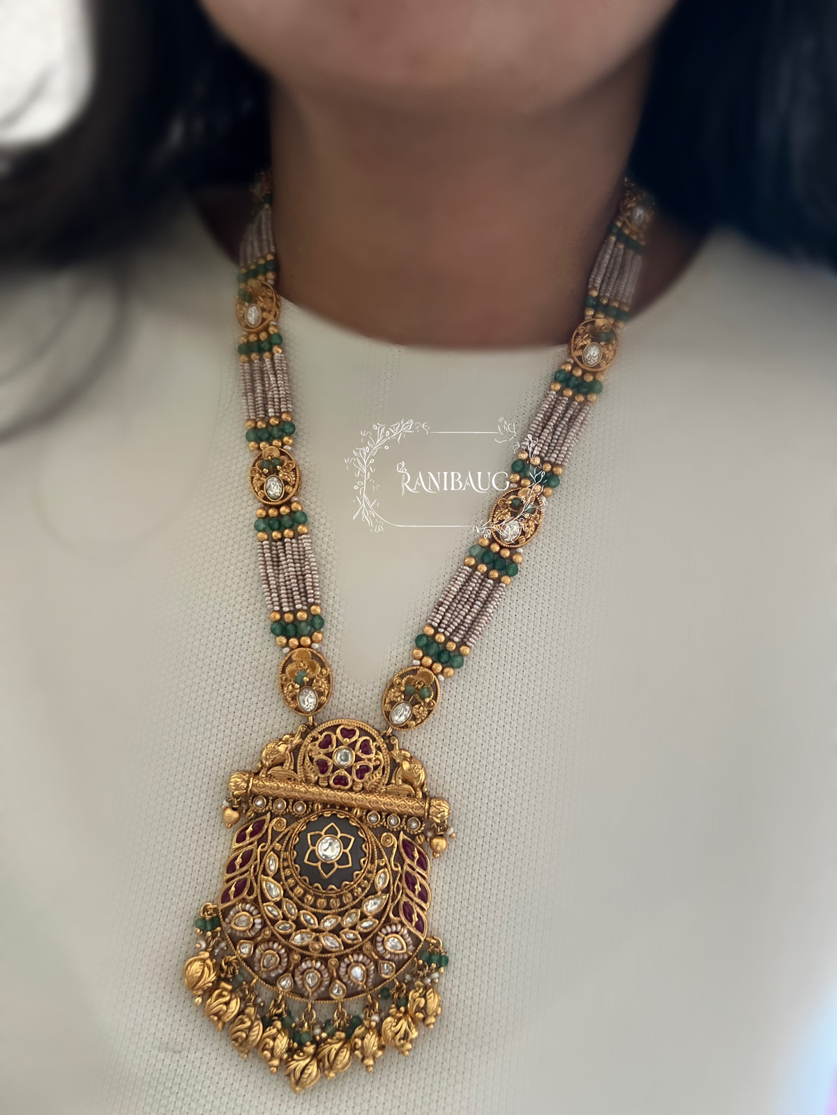 Minakshi Antique Gold Finish Temple Jewelry Necklace Set By Ranibaug
