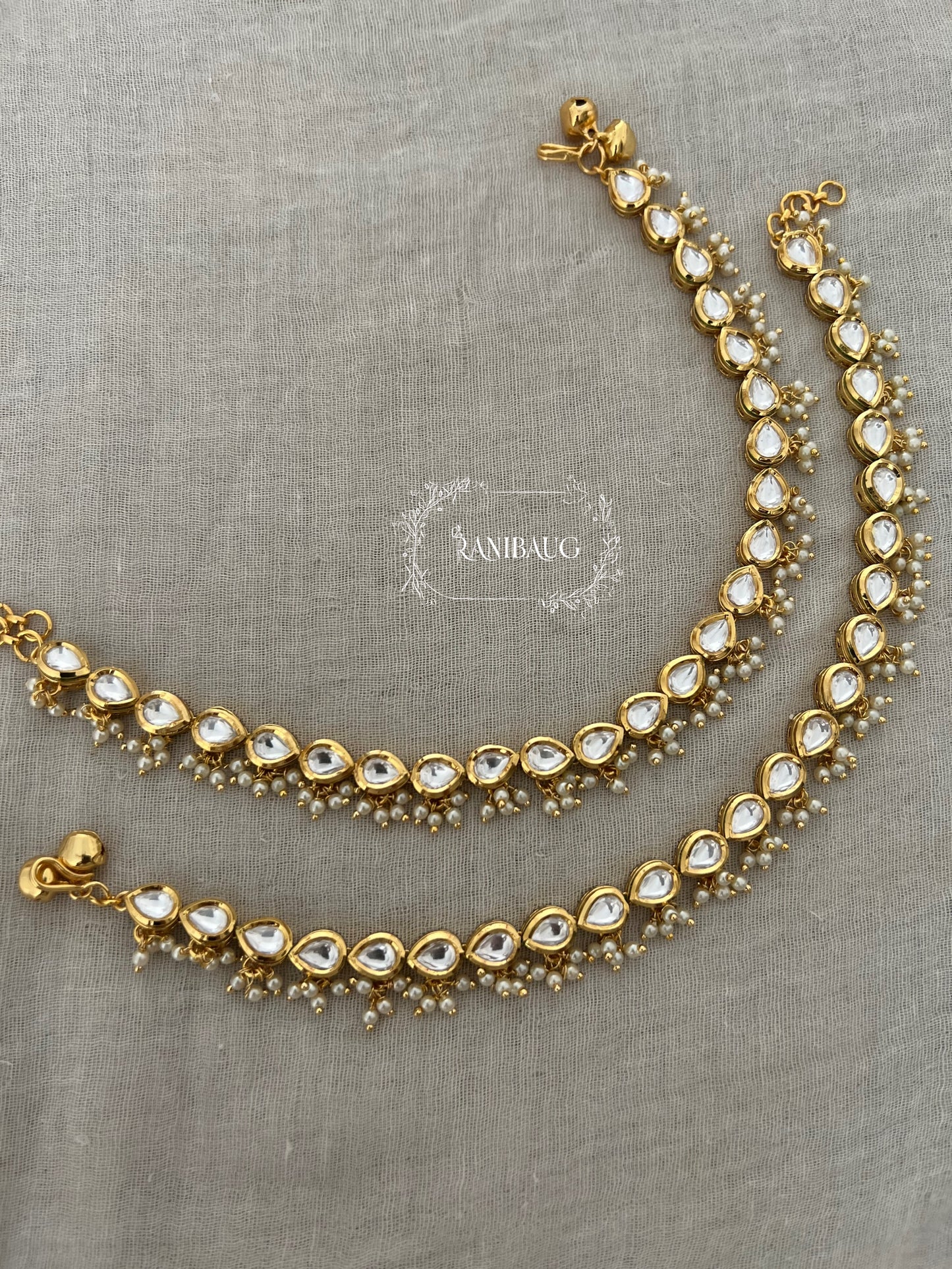 Mira Teardrop Kundan Motif Gold Plated Chain Style Payal With Mini Pearl Fringe Anklet Jewellery By Ranibaug