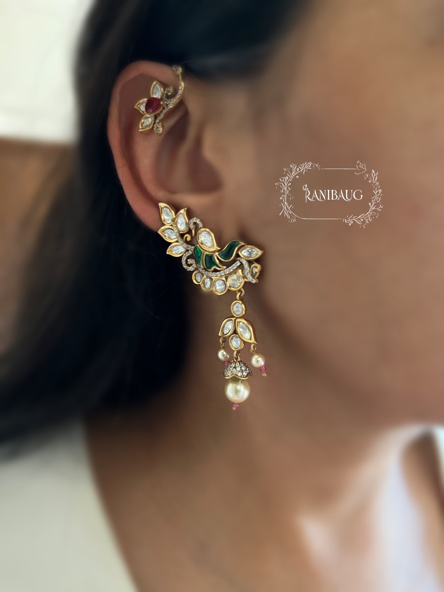 Miraha Floral Indian Peacock Motif Gold Finish Designer Cuff Earrings By Ranibaug