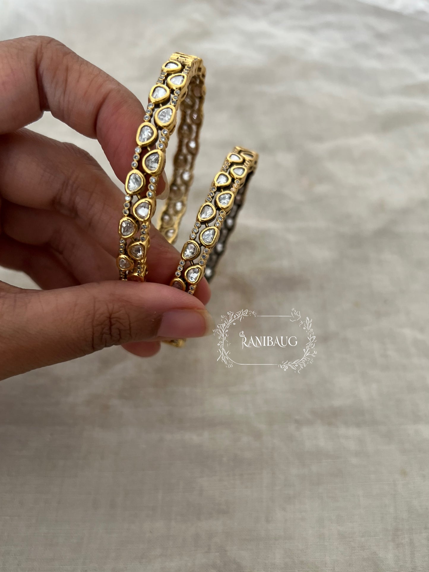 Miranshi Mossainite Polki Studded Victorian Finish Gold Plated Royal Statement Bangle Jewelry By Ranibaug