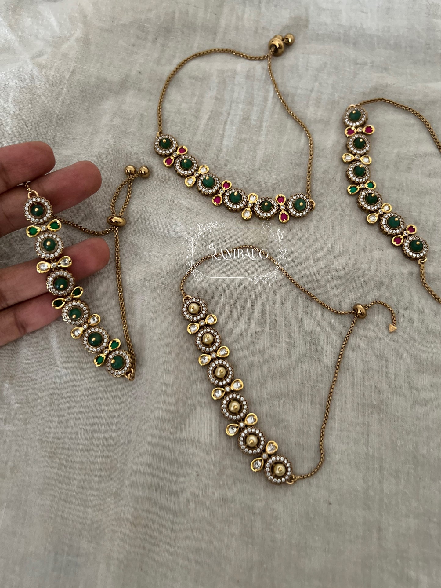 Miraya Antique Gold Polki And Zirconia Adorned Sleek Adjustable Bracelet By Ranibaug