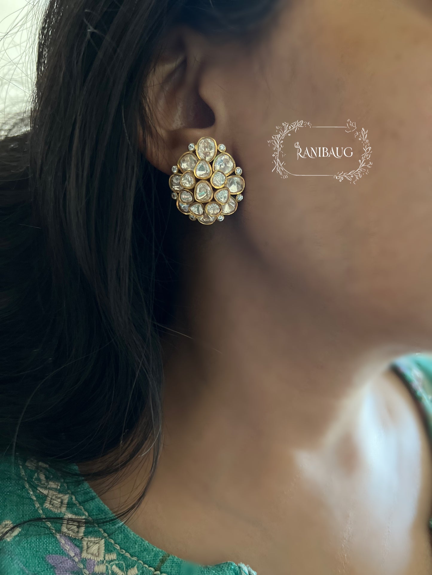 Miraya Statement Gold Plated Polki Cluster Studs Earrings By Ranibaug