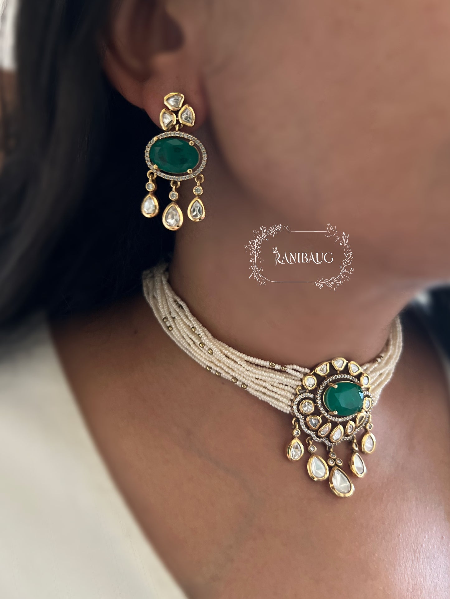 Mishita Vintage Style Mossainite Polki Victorian Finish Pearl Strand Choker Necklace Set By Ranibaug