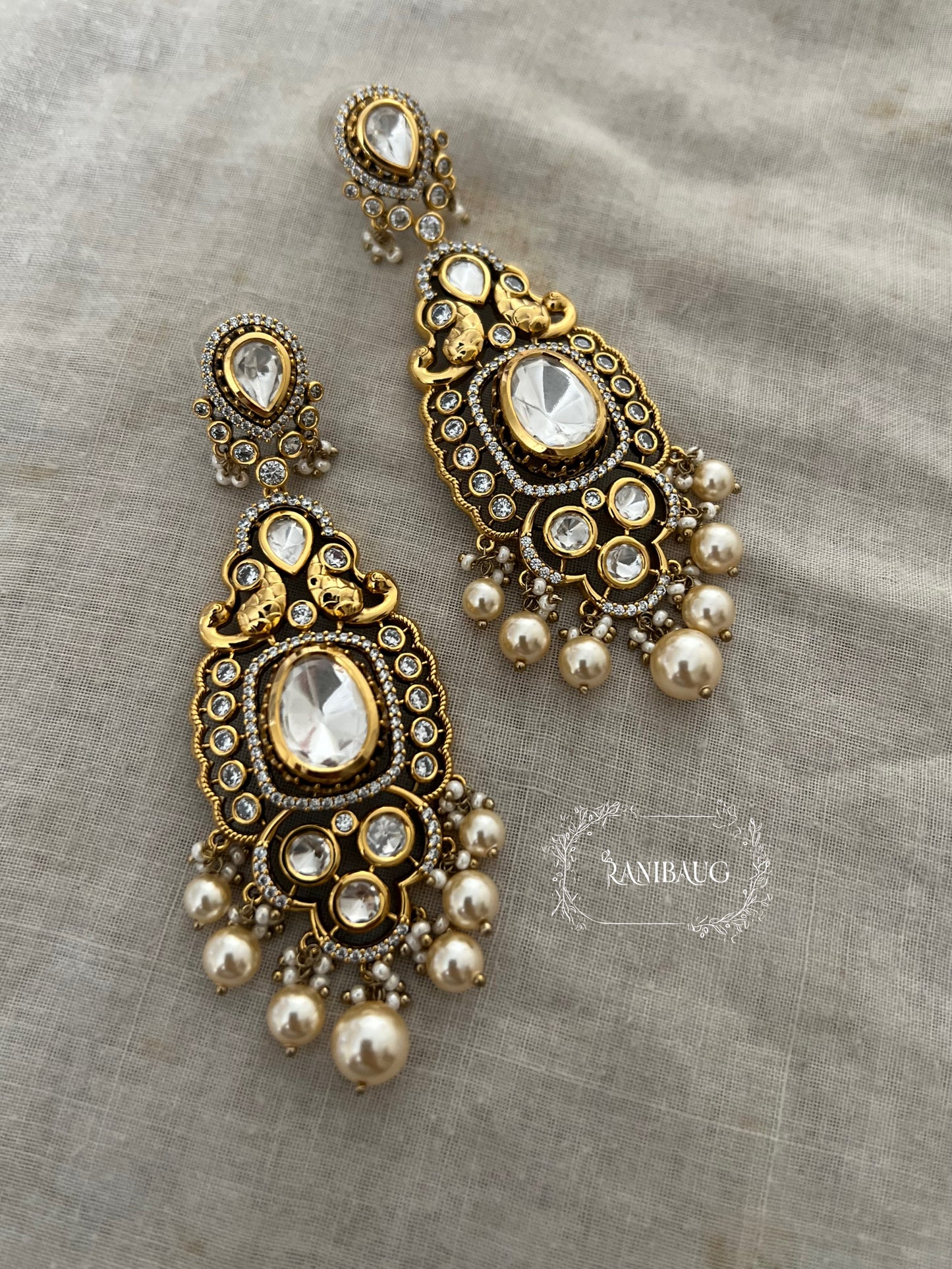 Mishka Rich Gold Tone Peacock Designer Polki And Pearl Dangle Royal Earrings Jewellery By Ranibaug