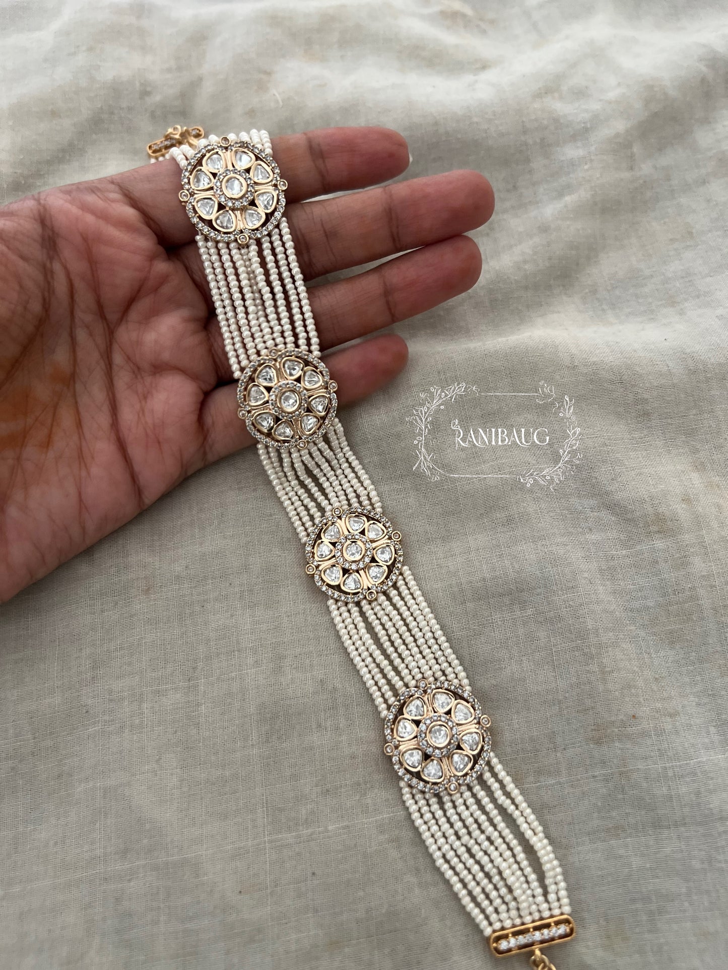 Mithila Gold Plated Polki Medallion Sheeshpatti With Multi-Strand Pearl Detailing By Ranibaug