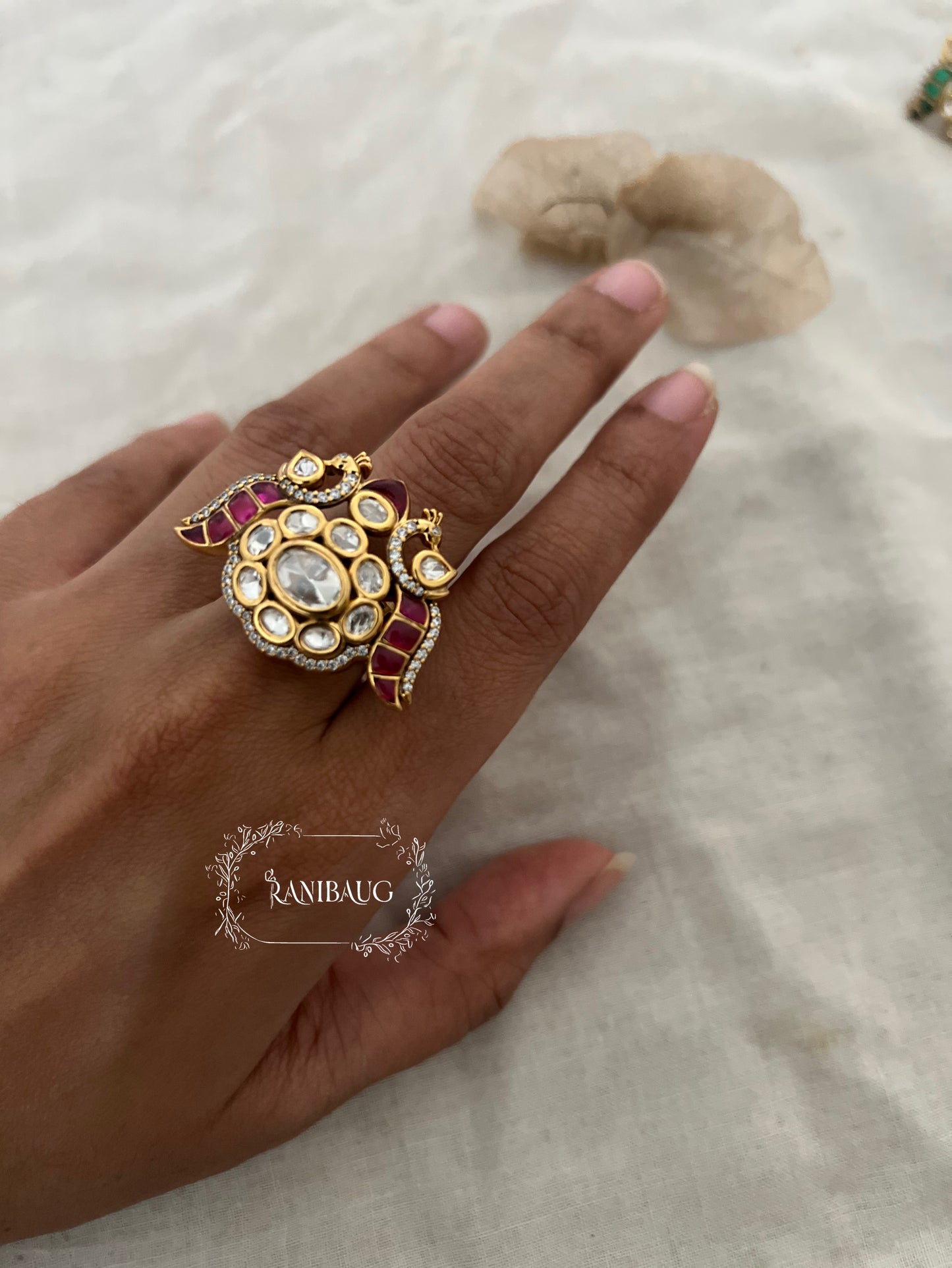 Mor Peacock Inspired Polki Kundan Traditional Finger Ring Jewelry By Ranibaug