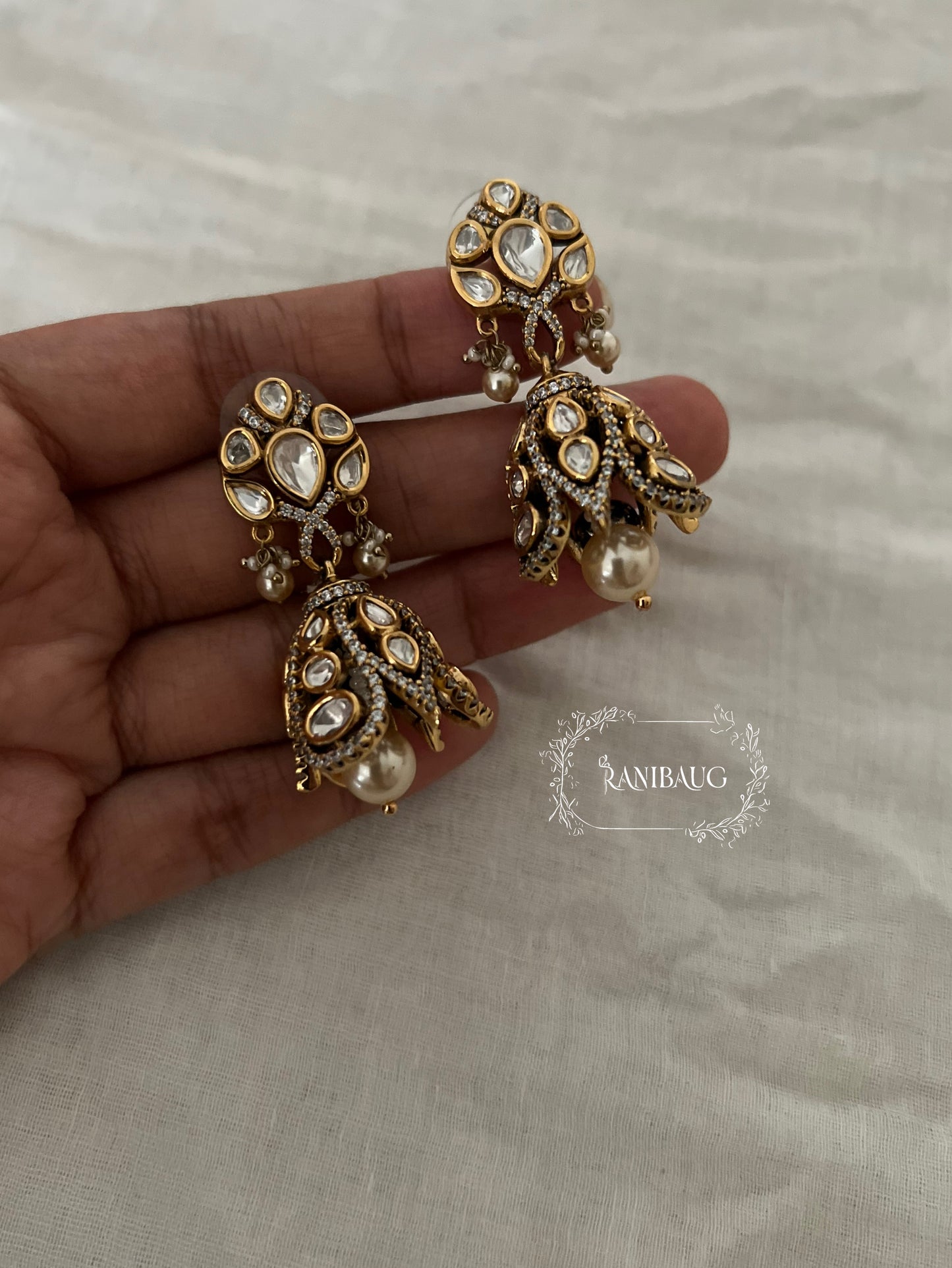 Mridula Victorian Finish Polki Kundan Pearl Adorned Festive Earrings By Ranibaug