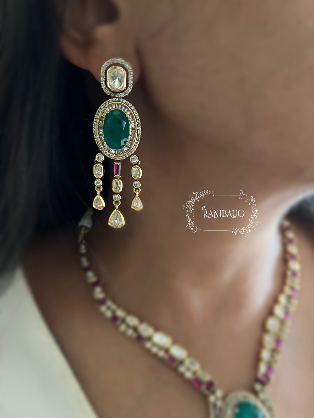 Mukti Polki Gold Finish Fall Motif Ruby Emerald Necklace Set By Ranibaug