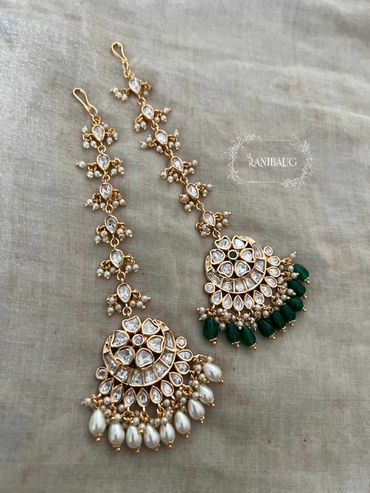 Munira Rich Gold Finish Polki Kundan Studded Tiny Pearl Bead Fringe Maang Tikka By Ranibaug