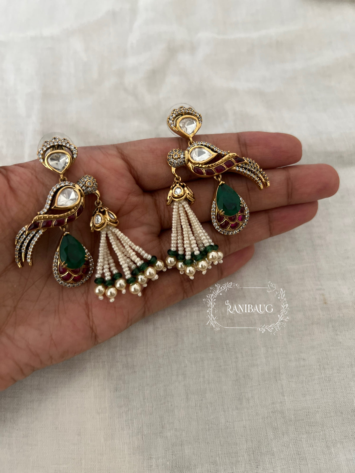 Naina Bird Motif Polki Studded Pearl Tassel Festive Trendy Earrings By Ranibaug