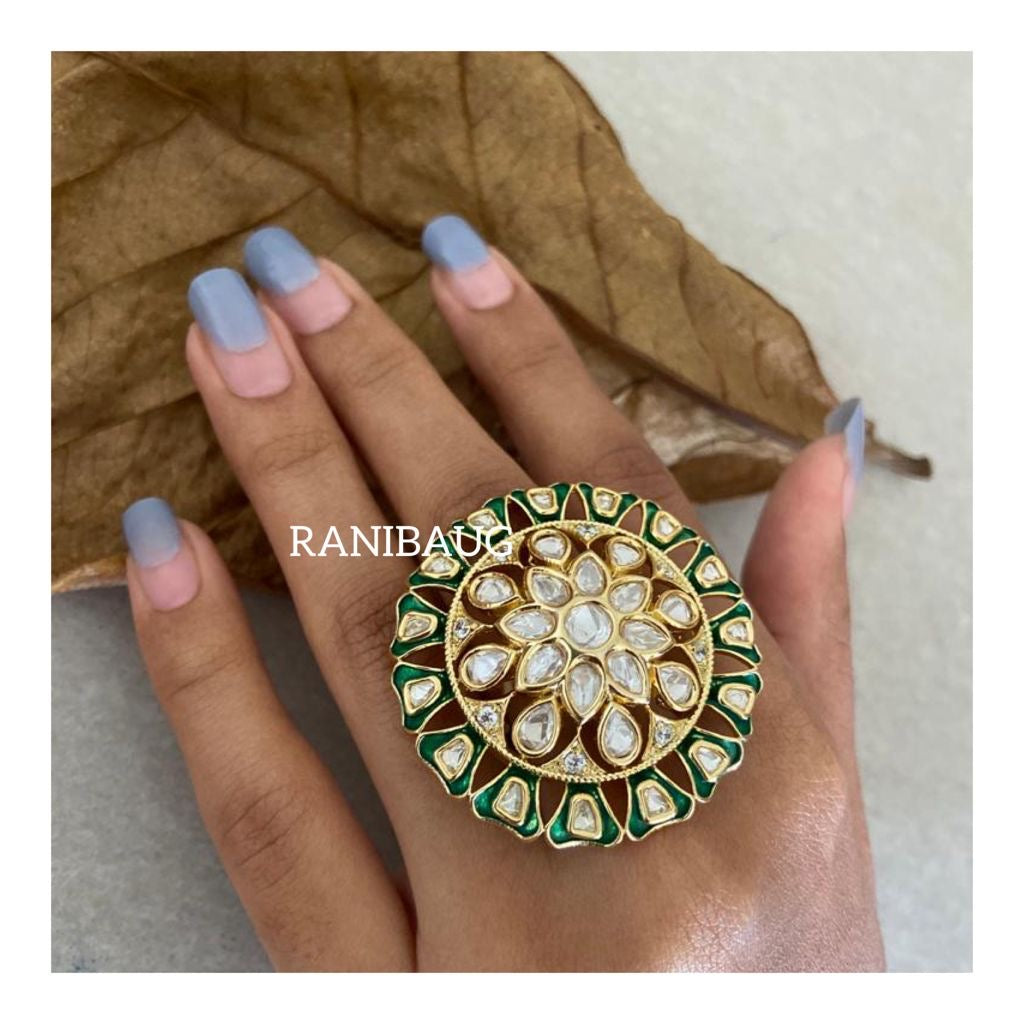 Nandini Handcrafted Polki Kundan Gold Ring Jewelry By Ranibaug