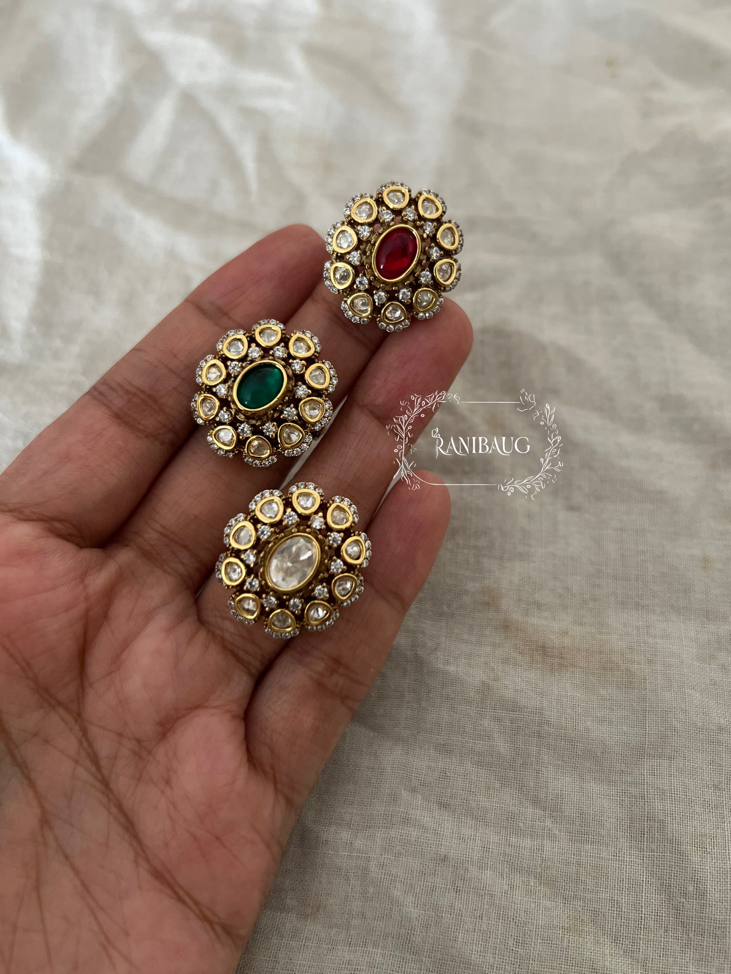 Natasha Polki Floral Gold Plated Festive Ring Jewelry With Multi Color Options By Ranibaug