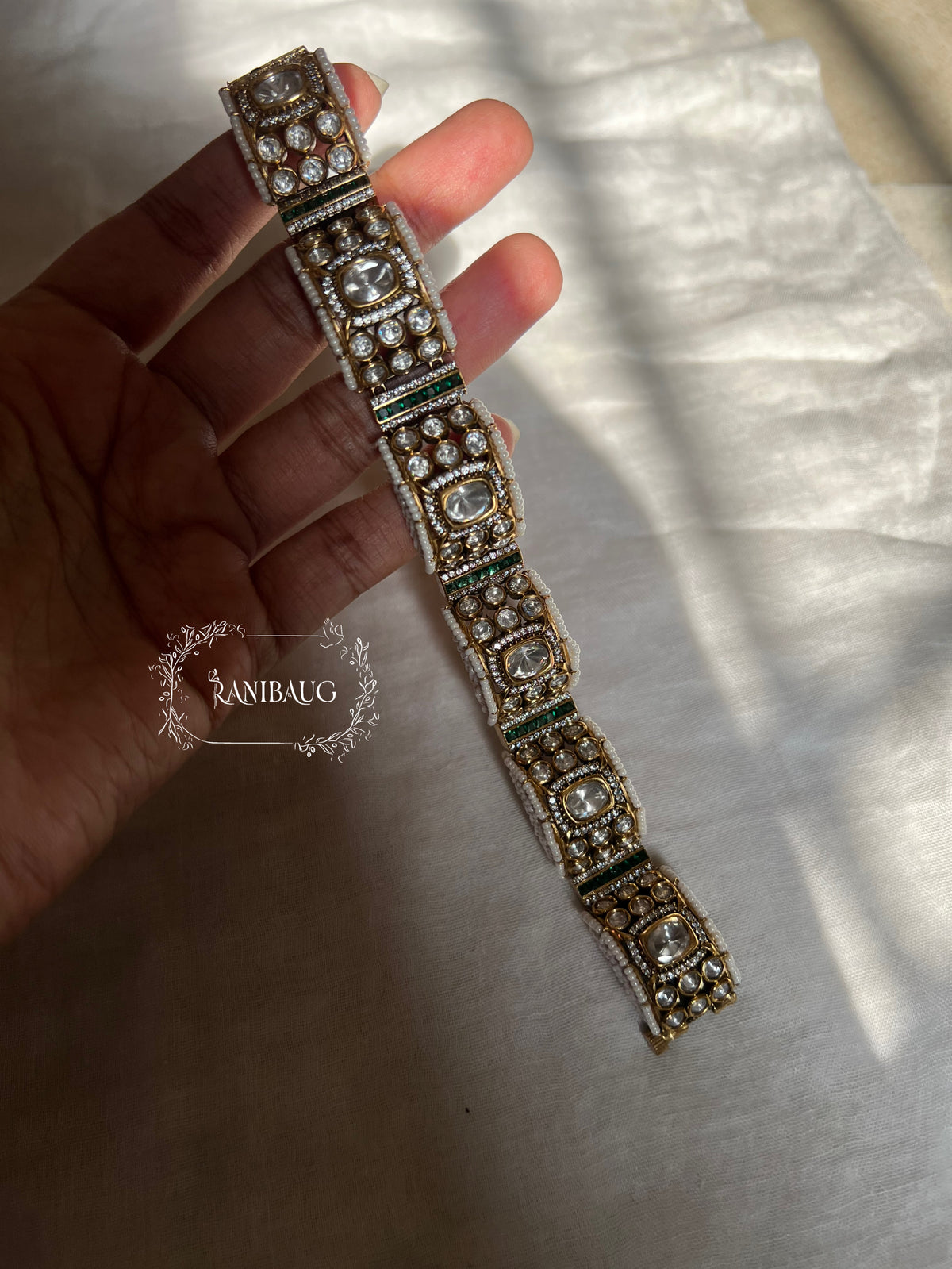 Navya Polki Kundan Gold Finish Seed Pearl Designer Statement Bracelet By Ranibaug