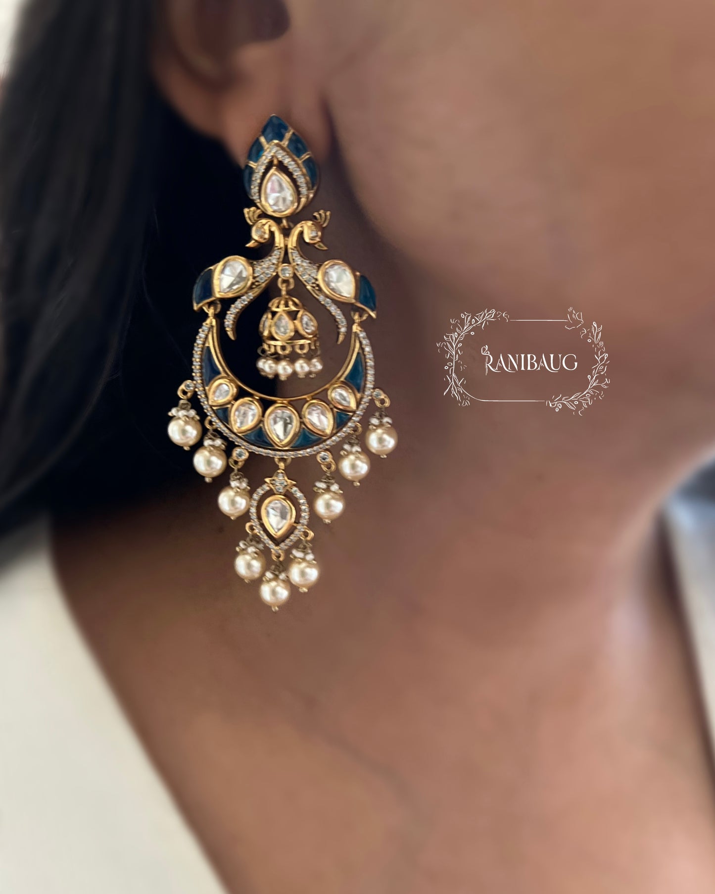 Nayani Victorian Finish Polki And Peral Adorned Peacock Chandbali With Jhumki Dangler Motif By Ranibaug