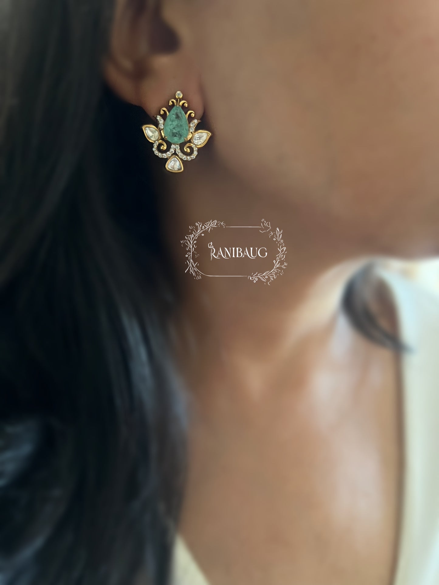 Nayera Teardrop Gemstone Motif Gold Finish Intricate Designer Polki Ear Studs By Ranibaug
