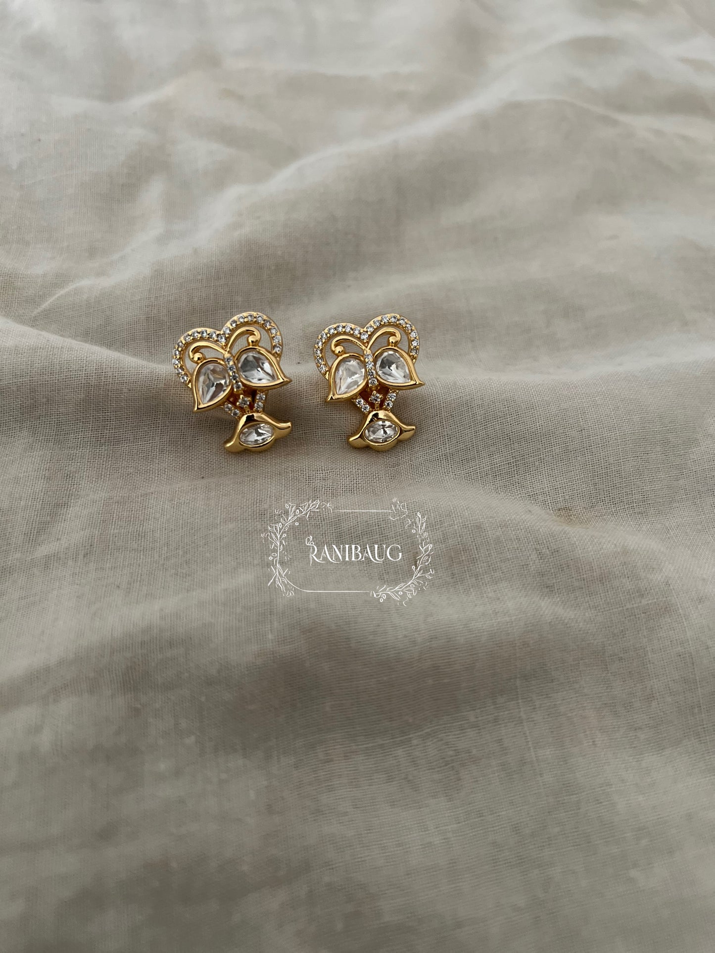 Nirali Minimal Gold Finish Classic Designer Butterfly Heart Polki Ear Studs By Ranibaug
