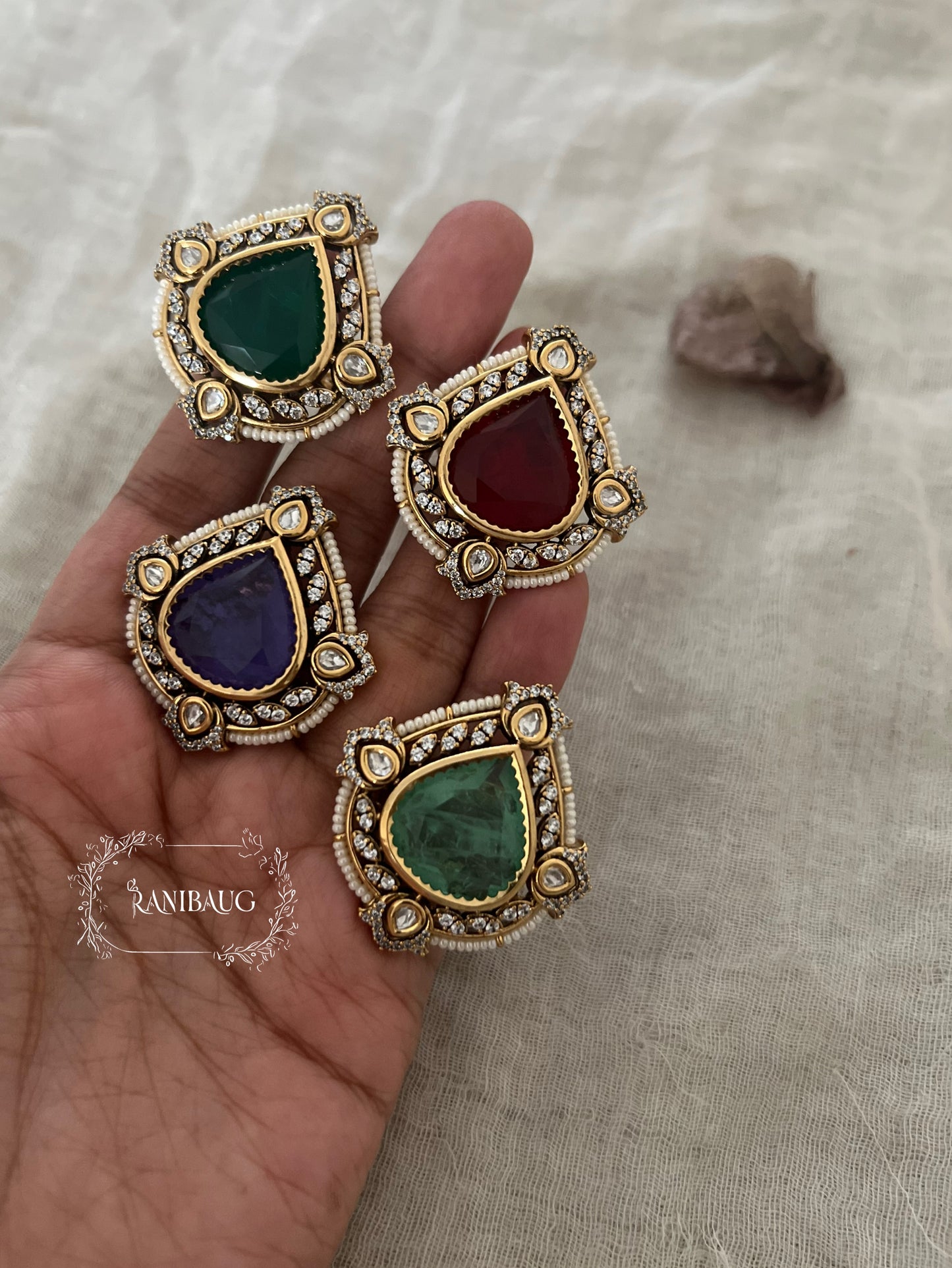 Nisha Bold Colour Gemstone Traditional Gold Rings By Ranibaug