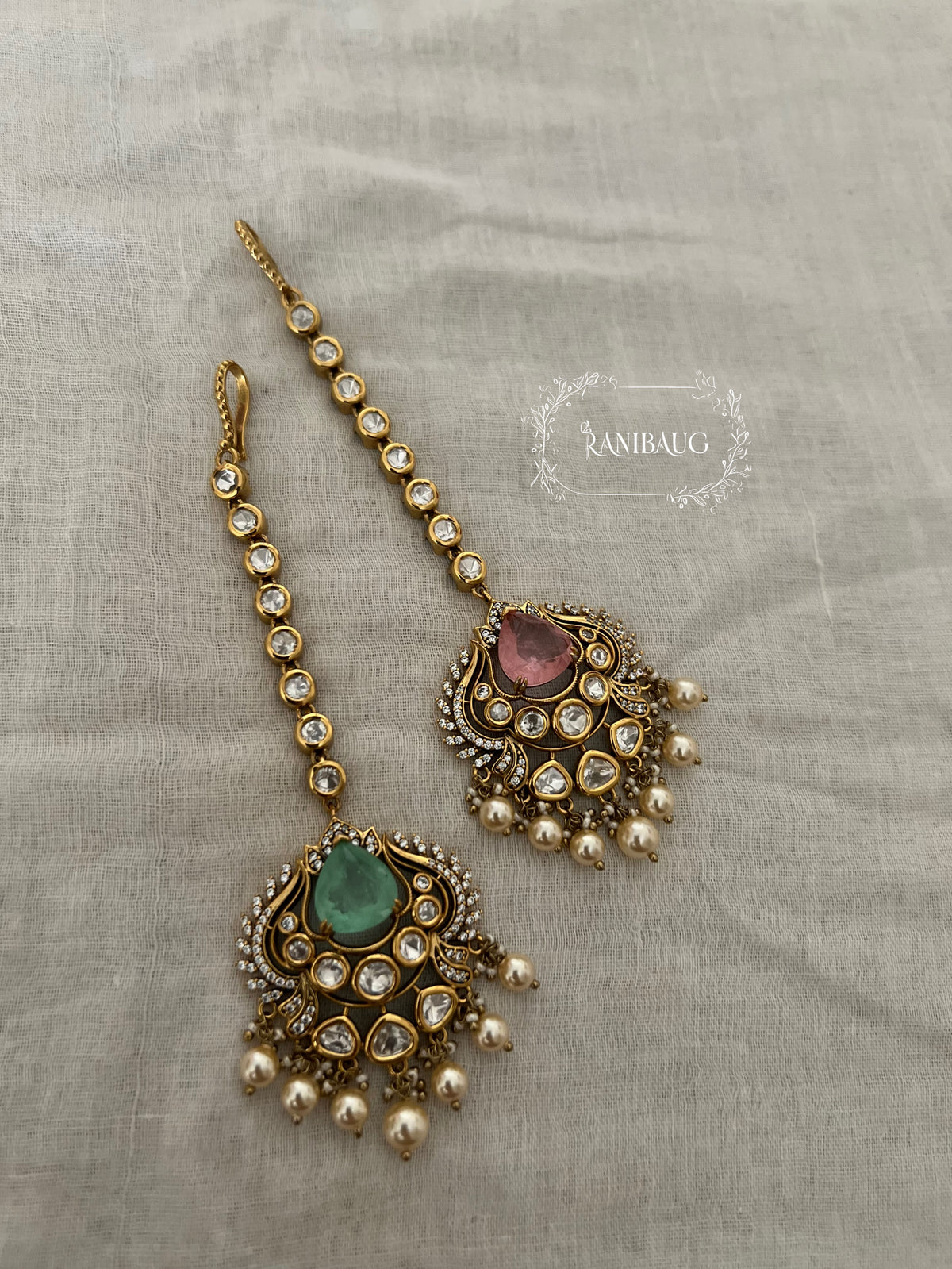 Nisha Polki Kundan Pearl Adorned Designer Maang Tikka By Ranibaug