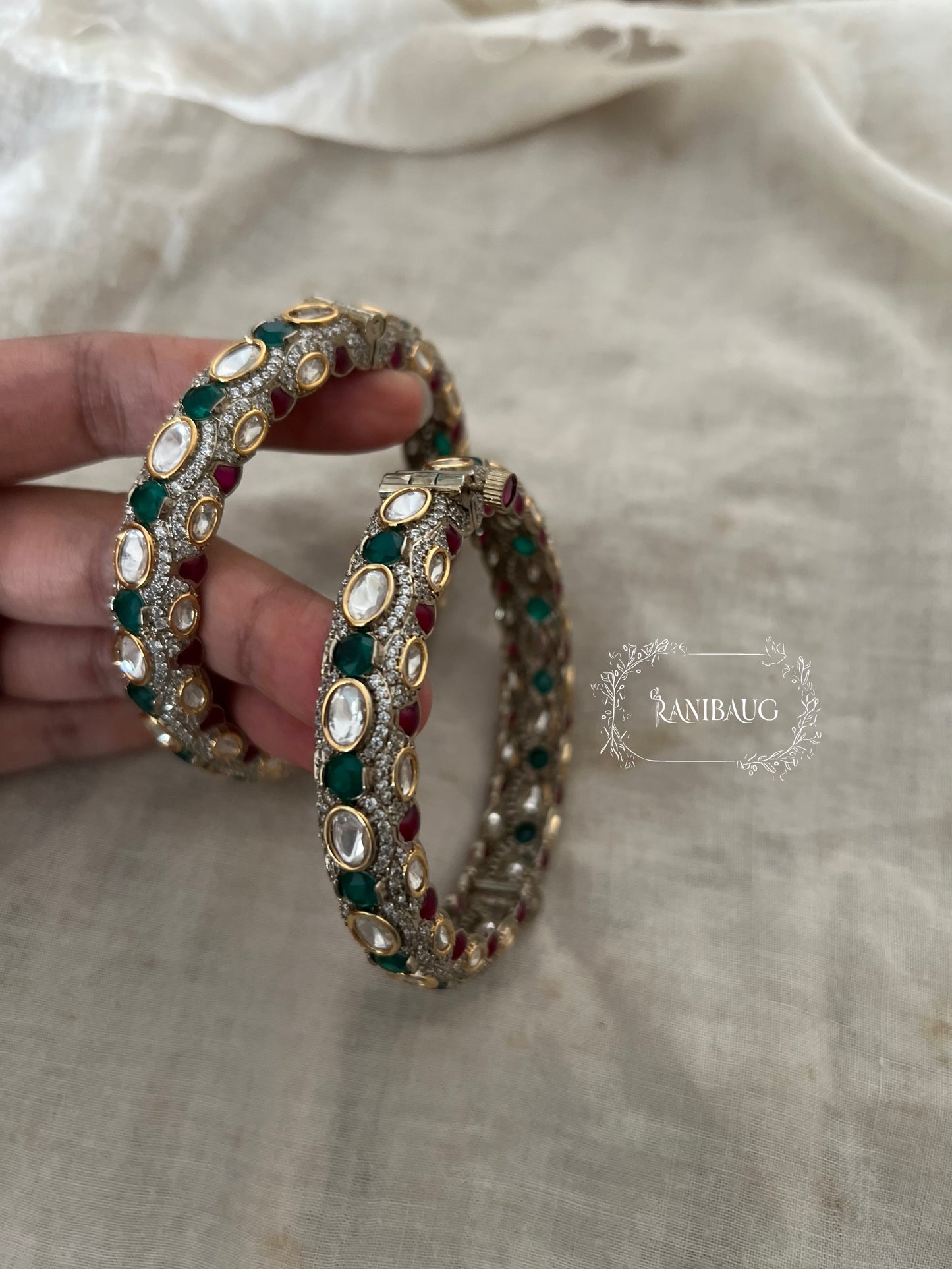 Nisha Polki Kundan Studded Victorian Finish Kangan Bangles In Emerald Ruby Toned By Ranibaug