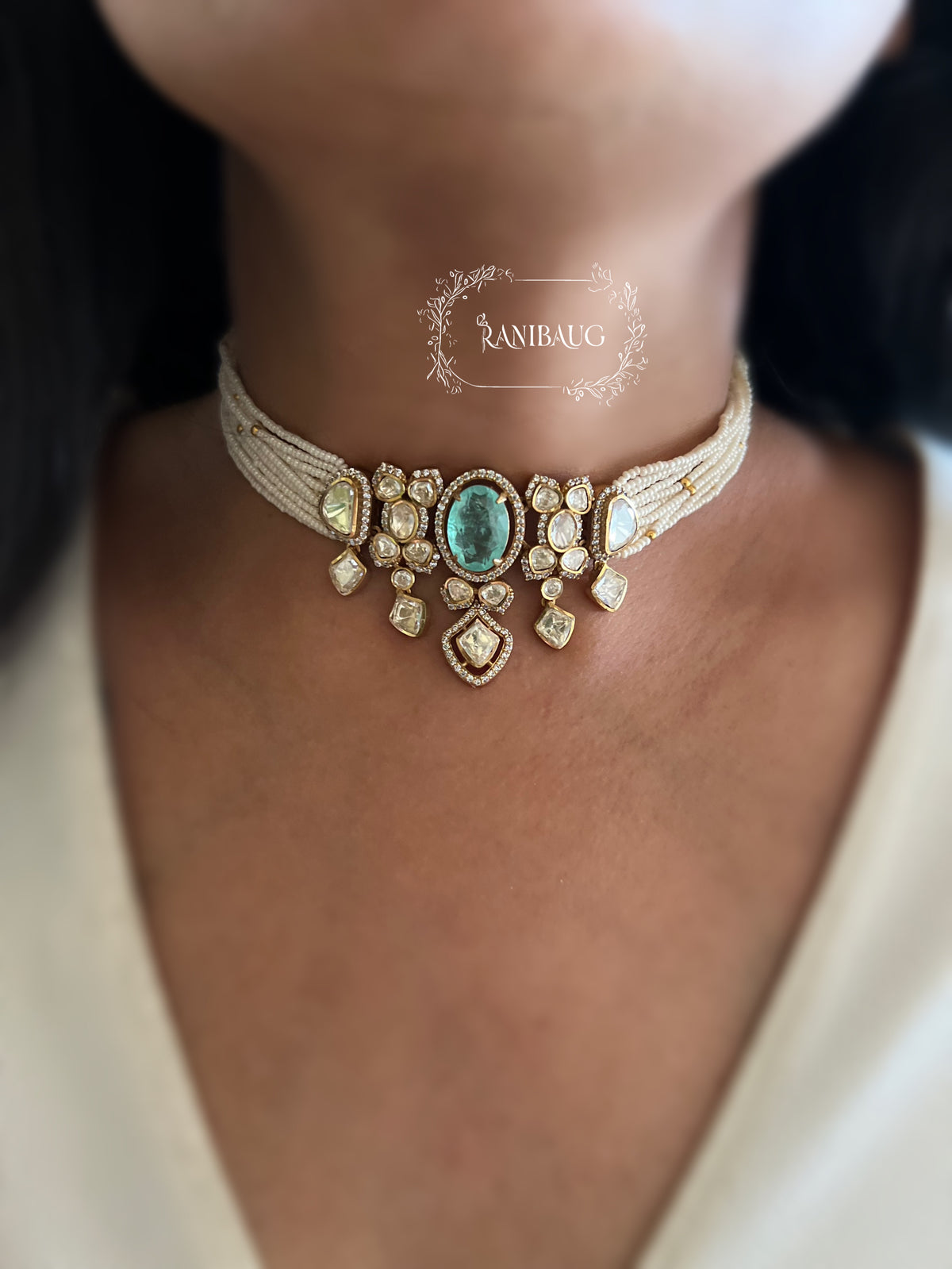 Nishu Multi Color Mossainite Polki Beaded Strand Gold Finish Choker Set By Ranibaug