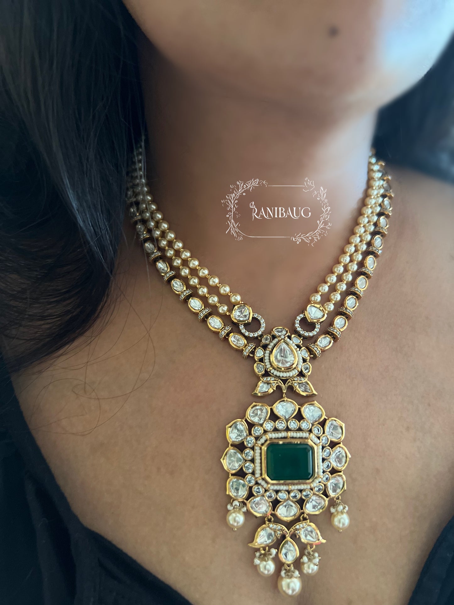 Nitara Mossainite Polki Studded Rich Gold Finish Pearl Adorned Necklace Jewellery Set By Ranibaug