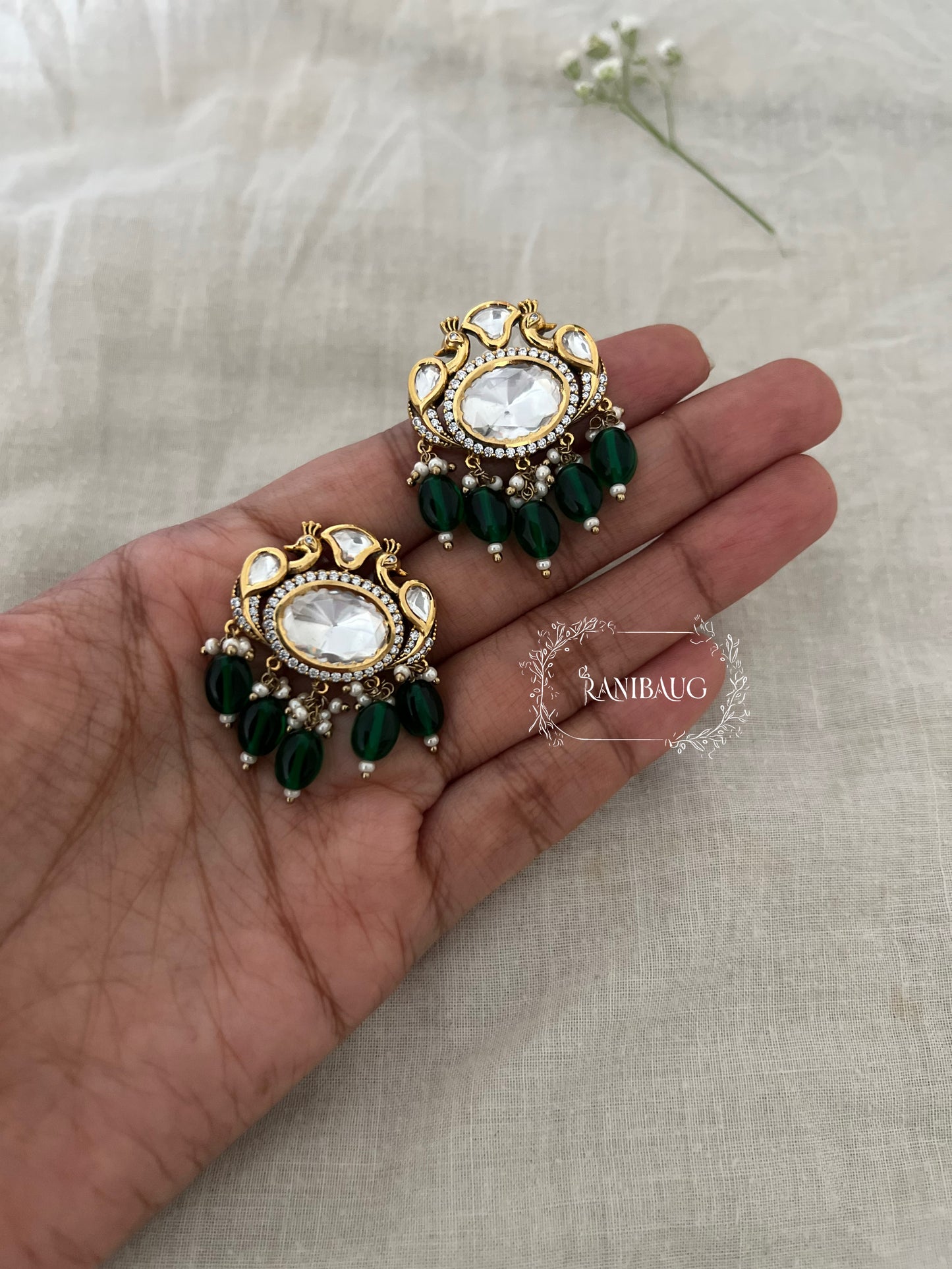 Nitara Polki Peacock Studs | Gold-Plated Beaded Diamond Stud Earrings By Ranibaug