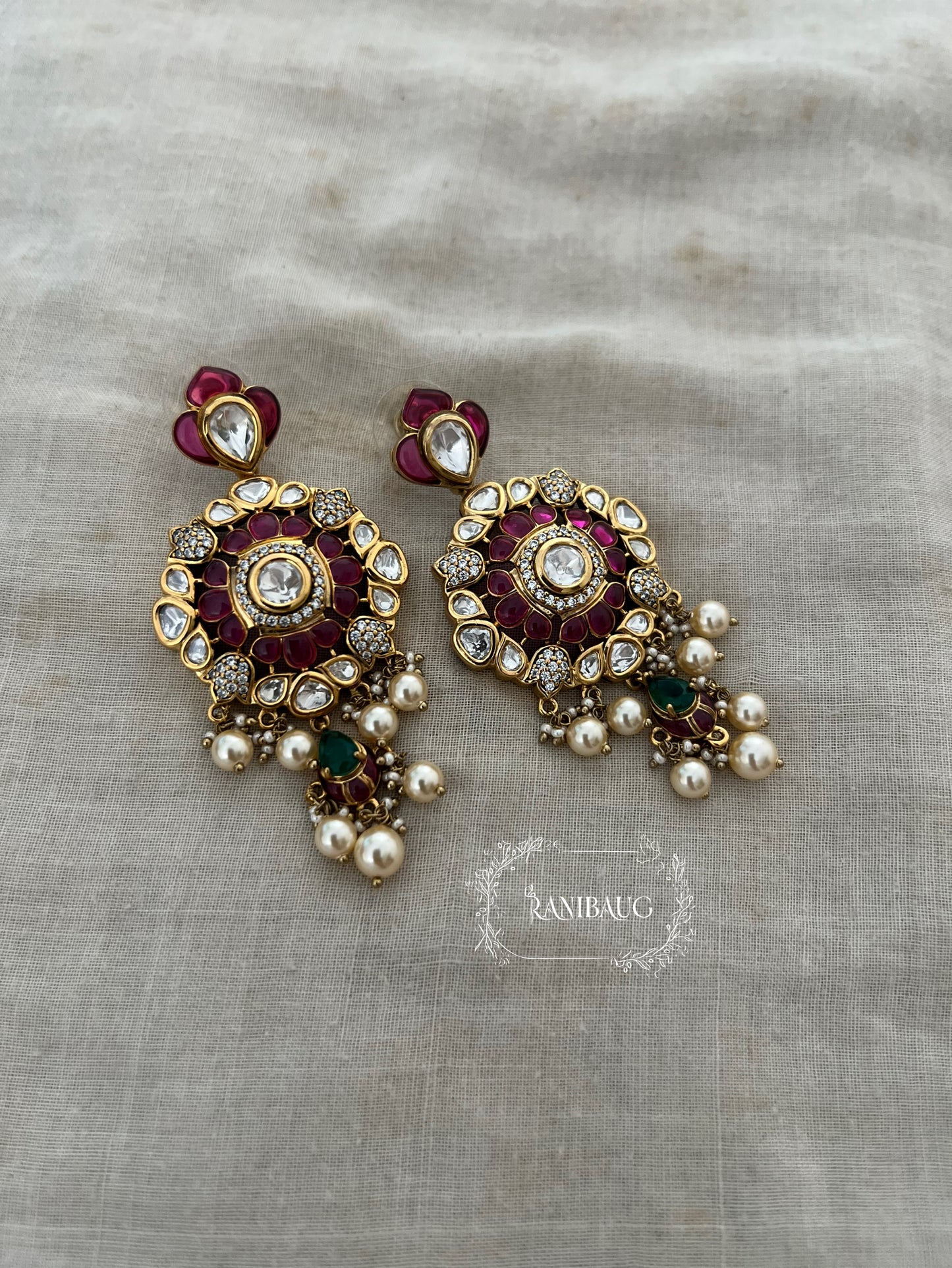 Nitara Rich Gold Finish Ruby Pearl Kundan Polki Statement Earrings By Ranibaug