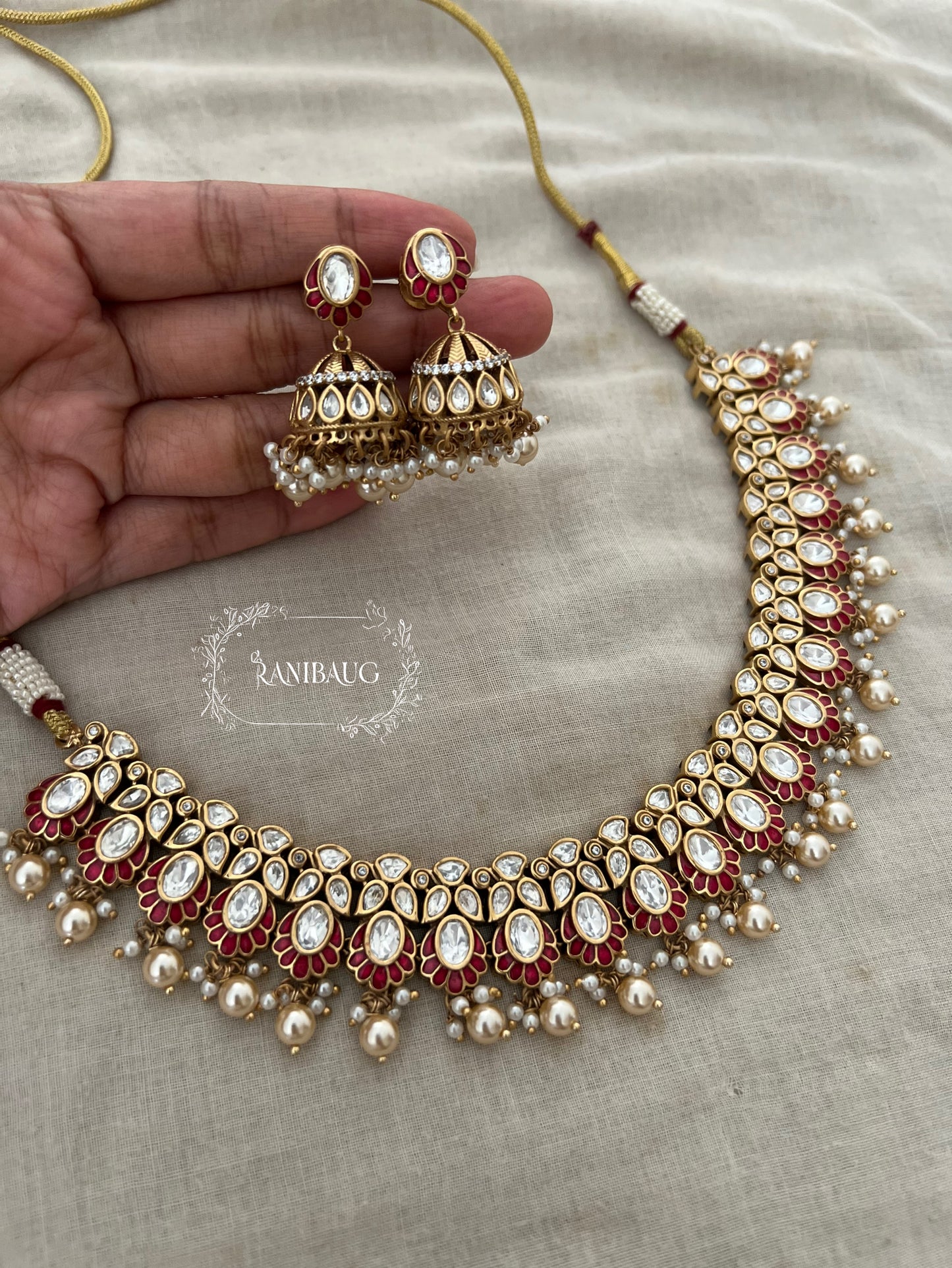 Nitisha Polki Kundan Studded Pearl Fringe Choker Necklace Set With Jhumki By Ranibaug