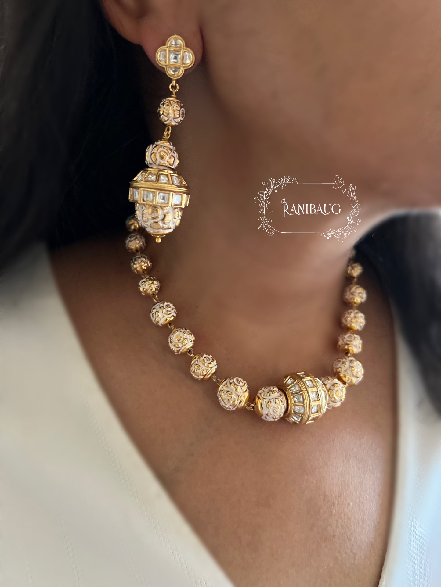 Numira Gold Plated Polki Studded Beaded Style Motifs Necklace Set By Ranibaug
