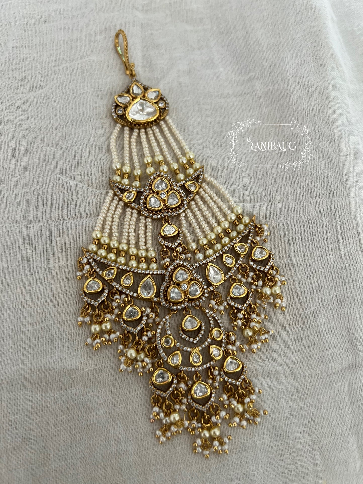 Nusrat Royal Pearl Adorned Rich Gold Finish Polki Kundan Studded Statement Passa Hair Jewellery By Ranibaug