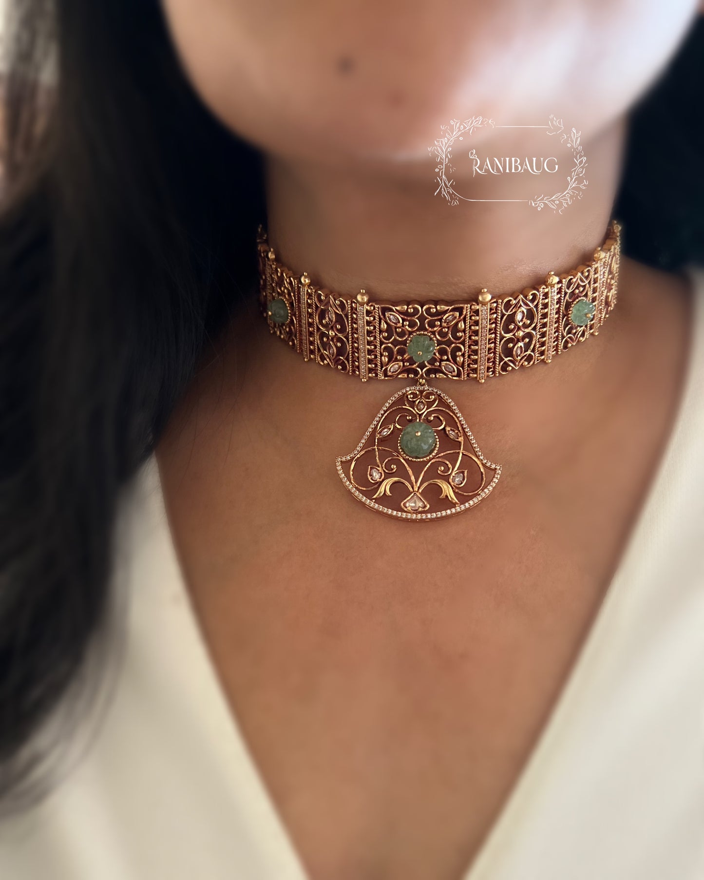 Padmavati Gold Plated Pendant Style Heritage Choker Set By Ranibaug | Trendy Temple Jewelry For Saree