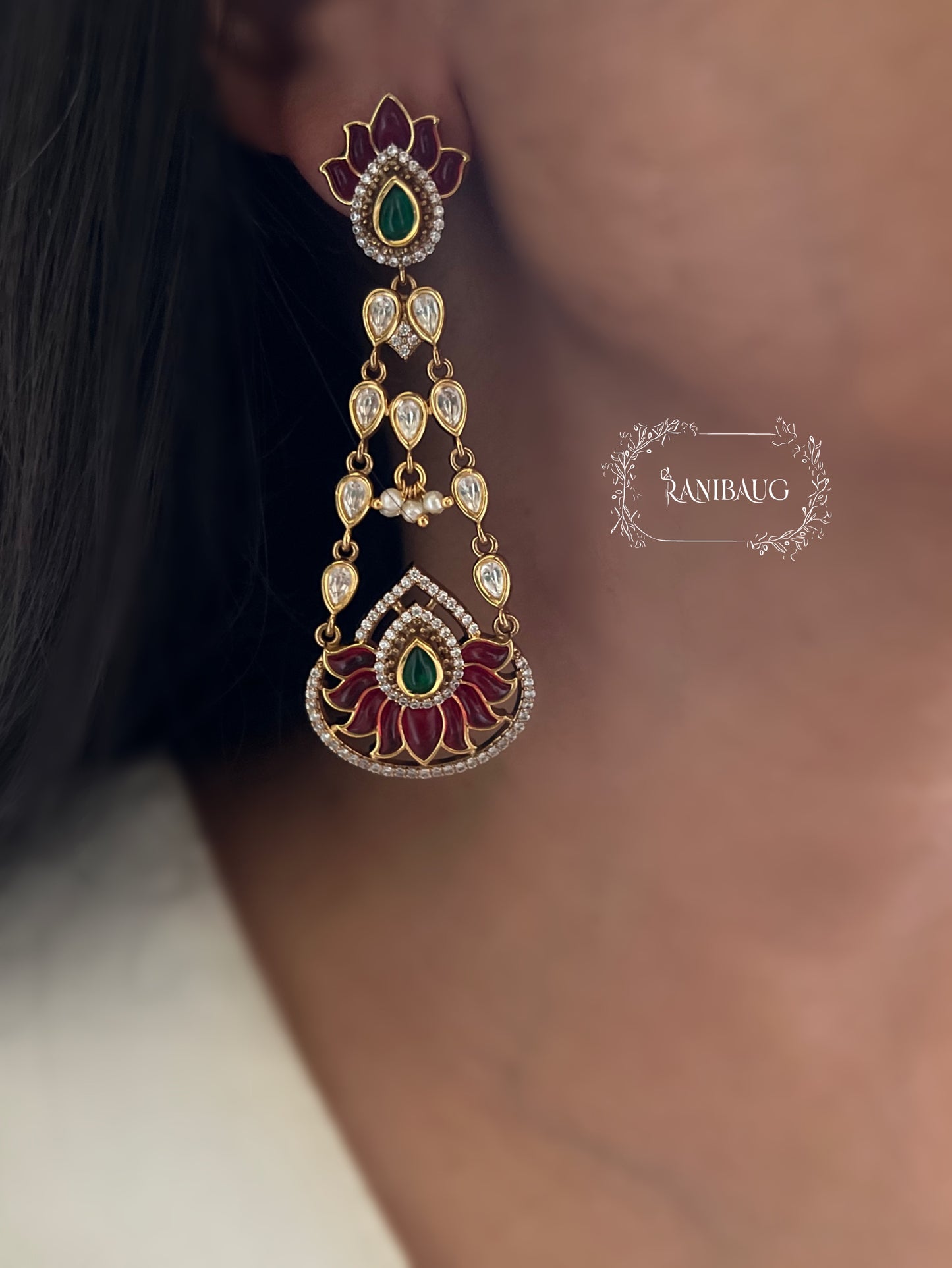 Padmika Indian Floral Lotus Motif Polki Gold Finish Dangler Chandbali Earrings By Ranibaug