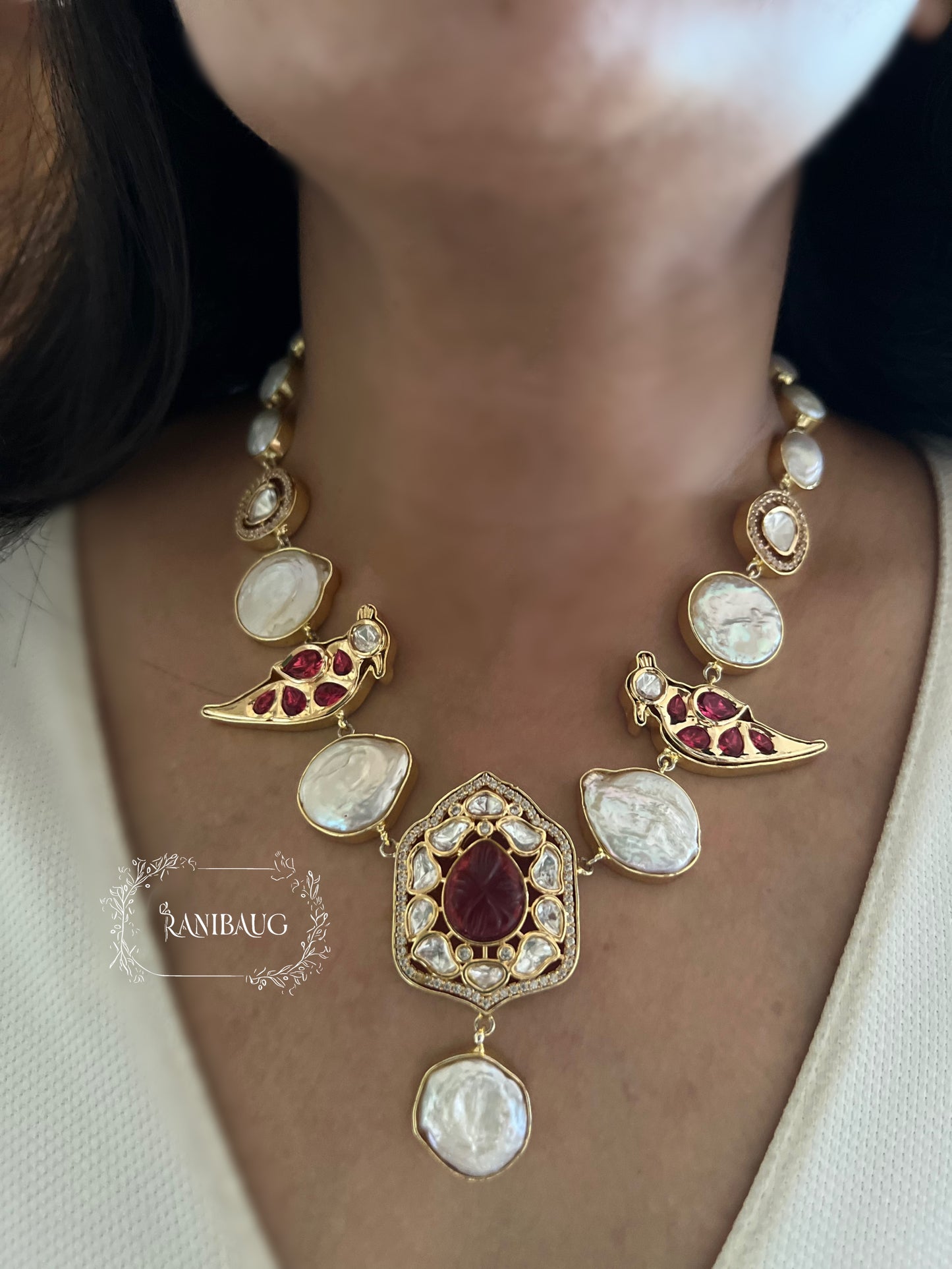 Palakshi Bird Motif Drop Style Gold Finish Polki Necklace Set Studded With Real Freshwater Baroque Pearls For The Real You By Ranibaug | Semi Precious Jewellery Set Collection 2026