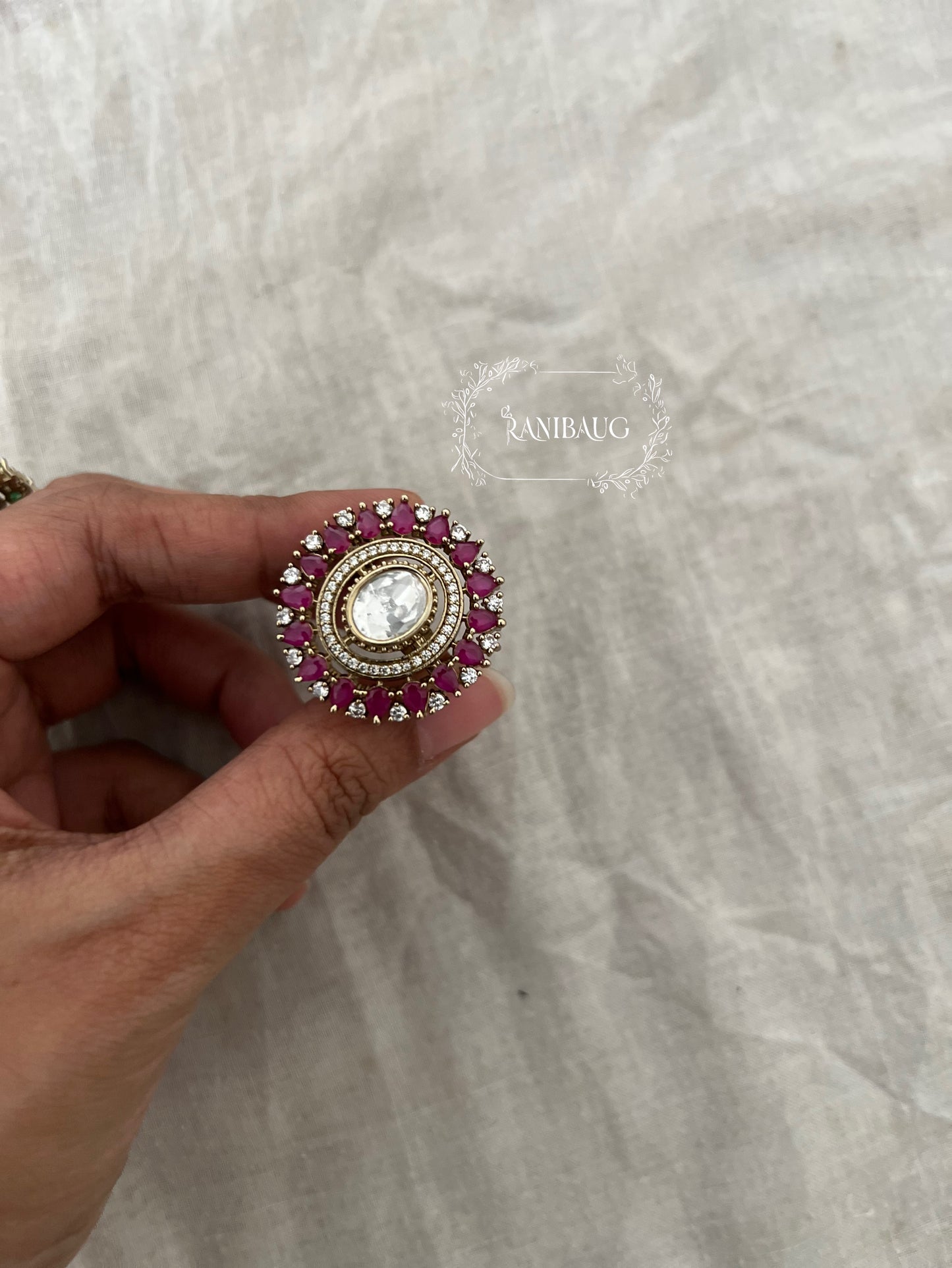 Pankti Emerald And Ruby Polki Ring For Sangeet By Ranibaug
