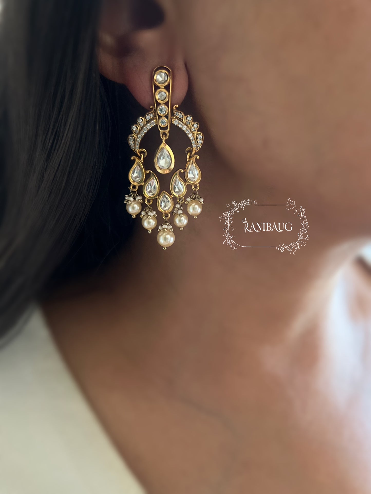 Parineeti Teardrop Mossainite Pearl Adorned Gold Finish Premium Designer Festive Earrings By Ranibaug
