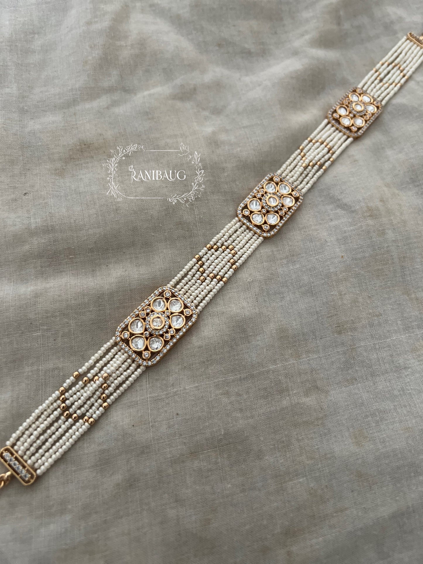 Phoolkawar Polki Panel Sheeshpatti With Multi-Strand Pearl And Gold Bead Detailing By Ranibaug