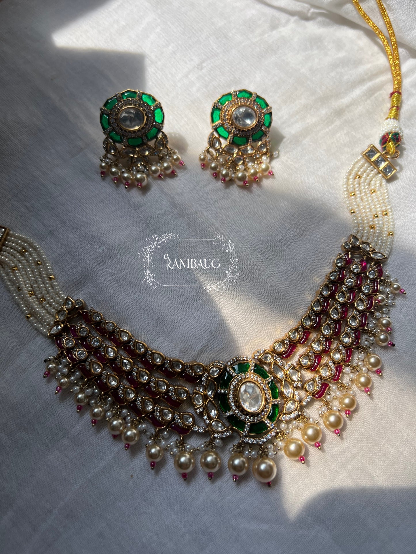 Piyushi Polki Kundan Studded And Pearls Traditional Indian Choker Set Jewellery Without Maang Tikka By Ranibaug