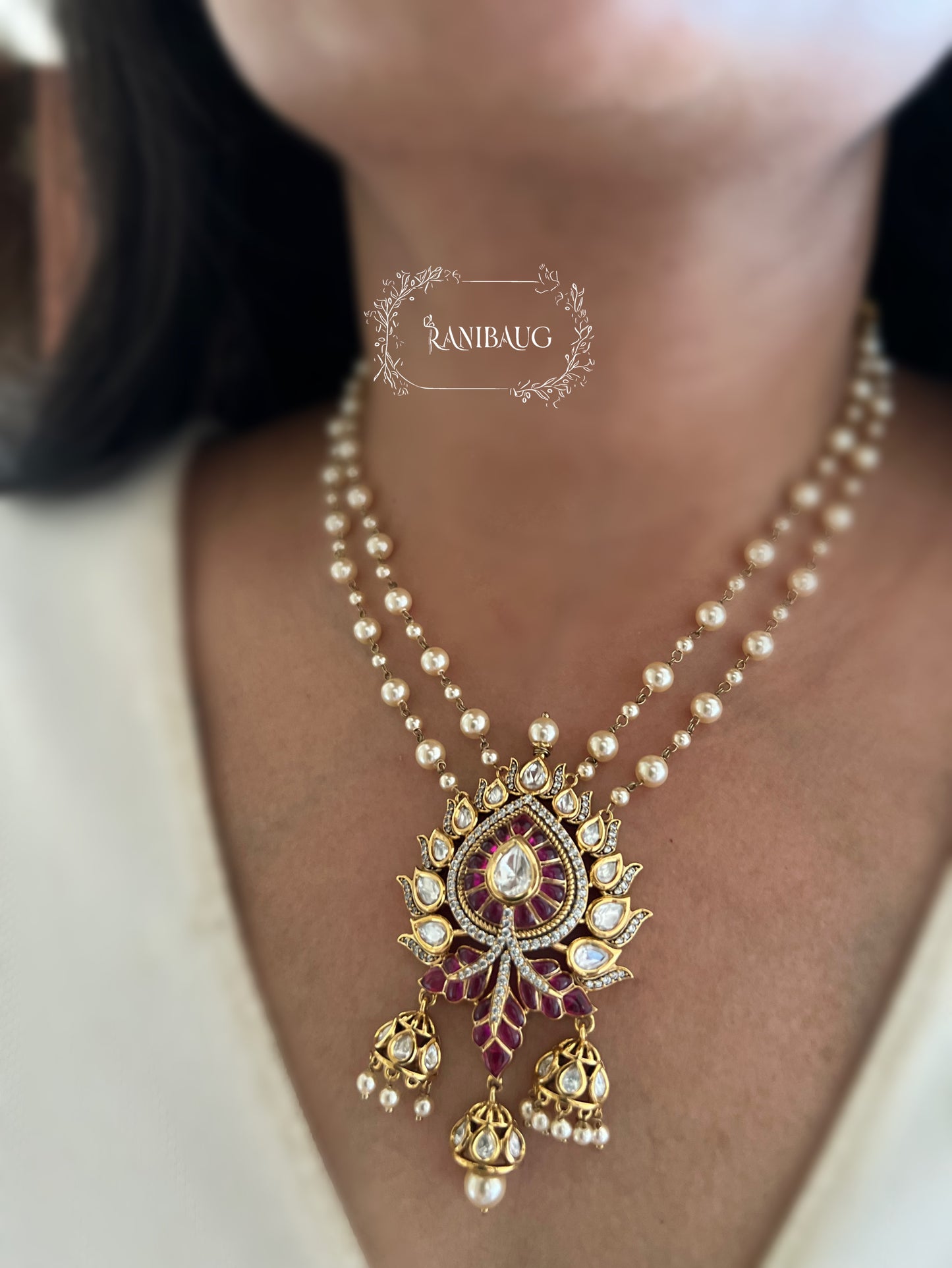 Prachi Long Teardrop Pearl Necklace Set With Jhumki Dangler Pendant Style In Premium Gold Finish By Ranibaug