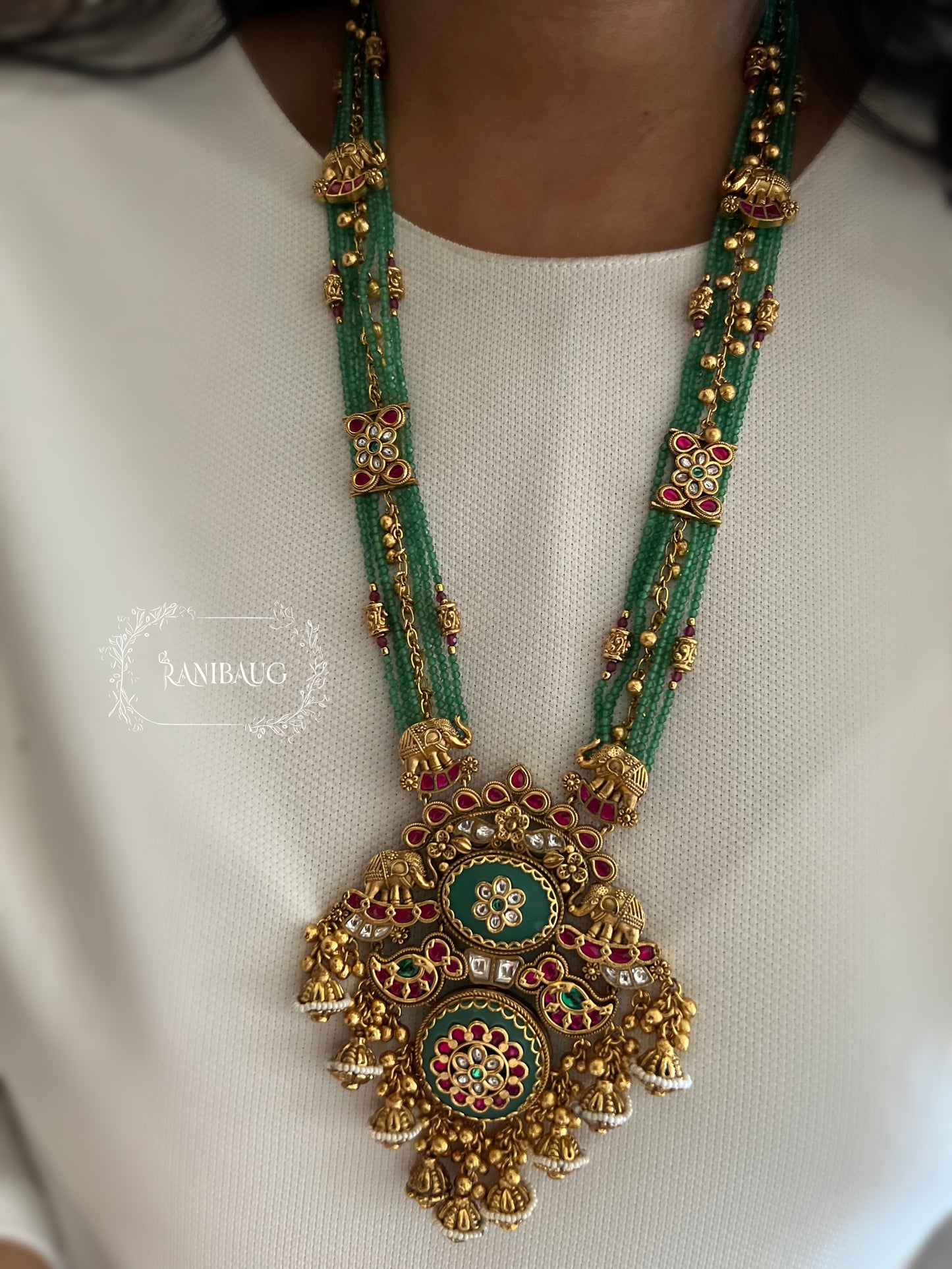 Pratibha Viraasat Gold Finish Beaded Ruby Emerald Royal Long Heritage Necklace Set By Ranibaug