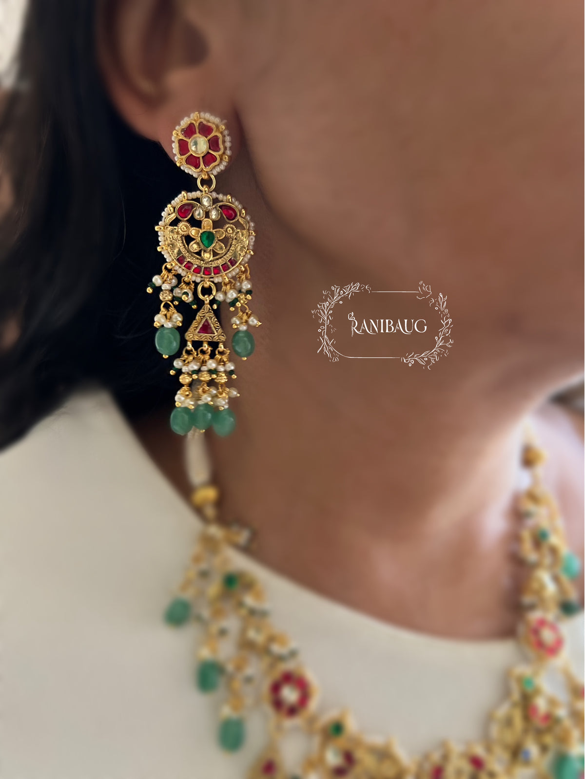 Prerna Festive Gold Finish Emerald Bead Heritage Necklace Jewellery Set By Ranibaug