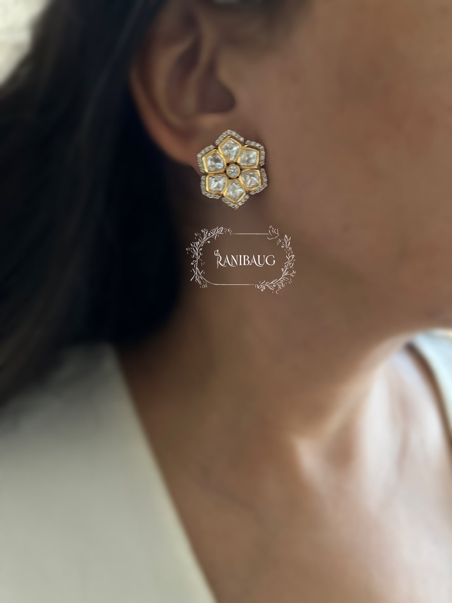 Prisha Floral Kundan Ear Studs In Rich Gold Finish By Ranibaug