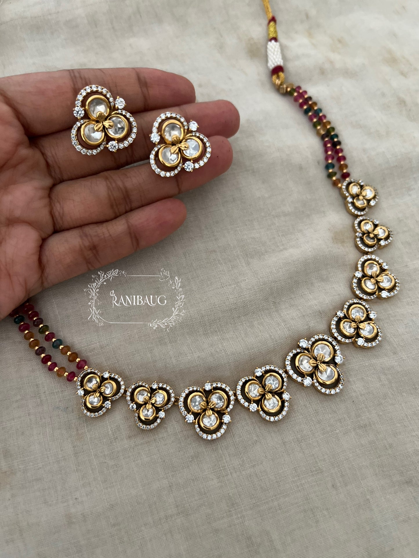 Purnima Floral Motif Polki Gold Finish Necklace Set By Ranibaug