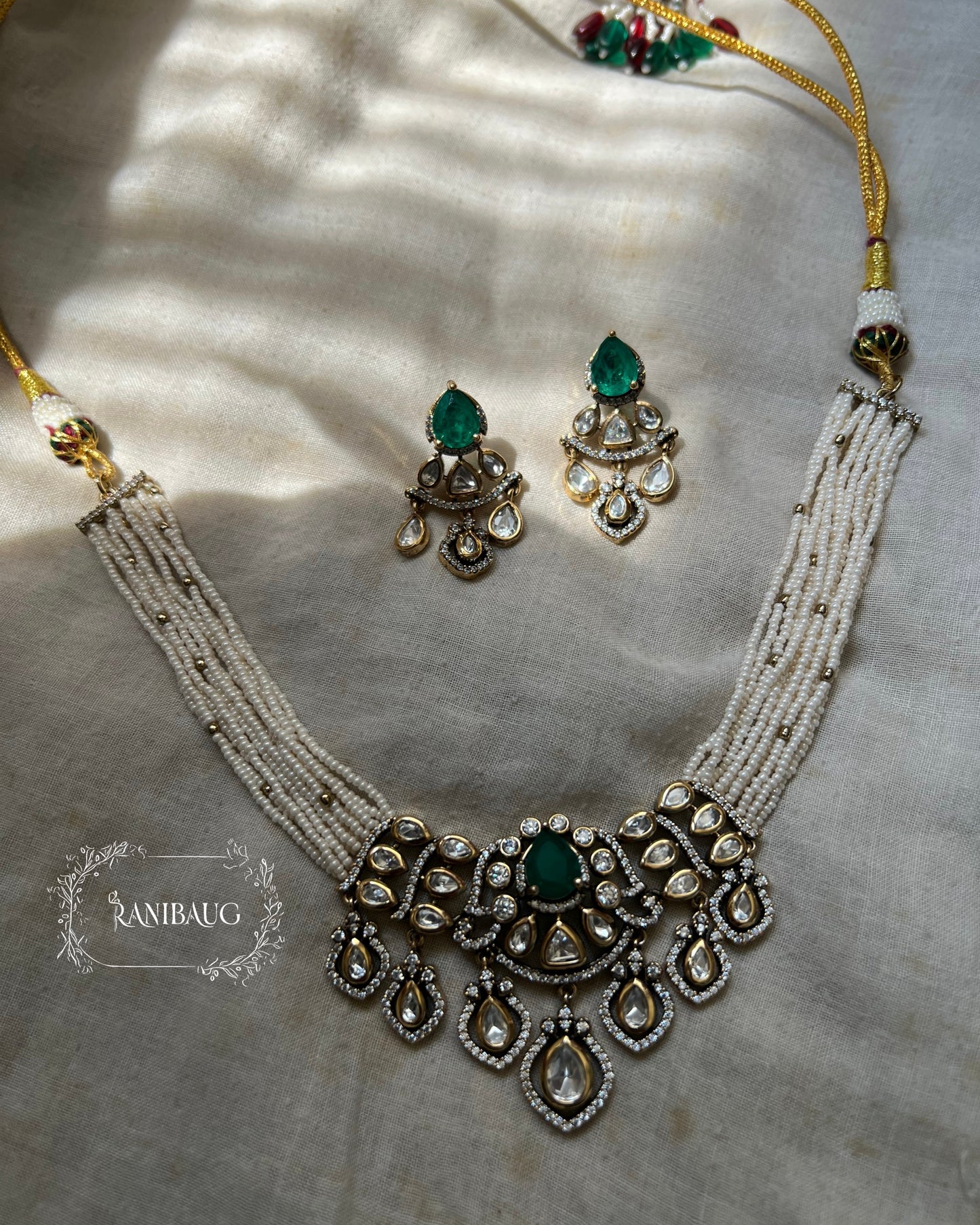 Purvi Pearl Multi Strand Polki Studded Gold Finish Necklace Jewelry Set By Ranibaug