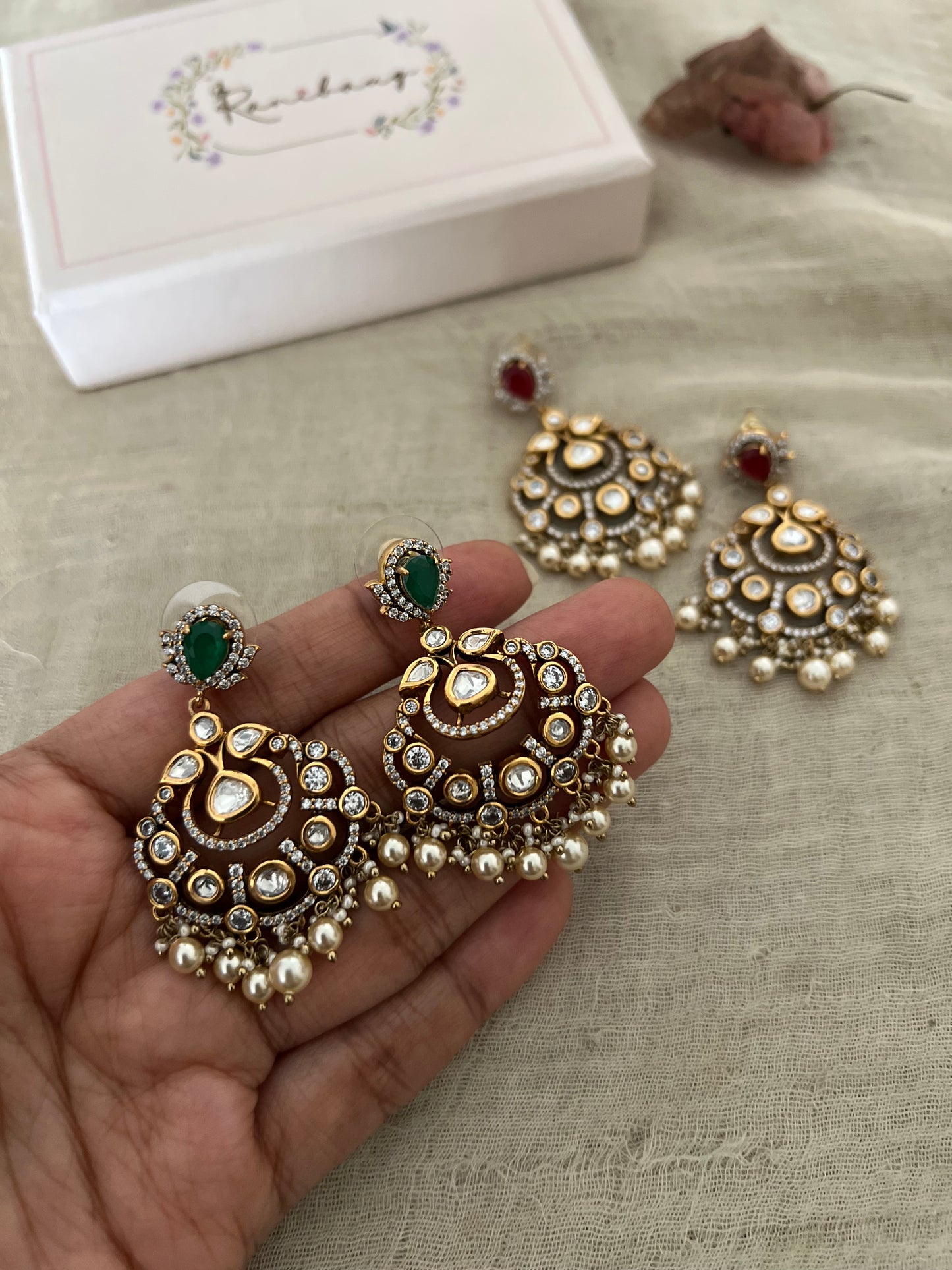 Rajasi Antique Gold Plated Polki Diamond Earrings by Ranibaug